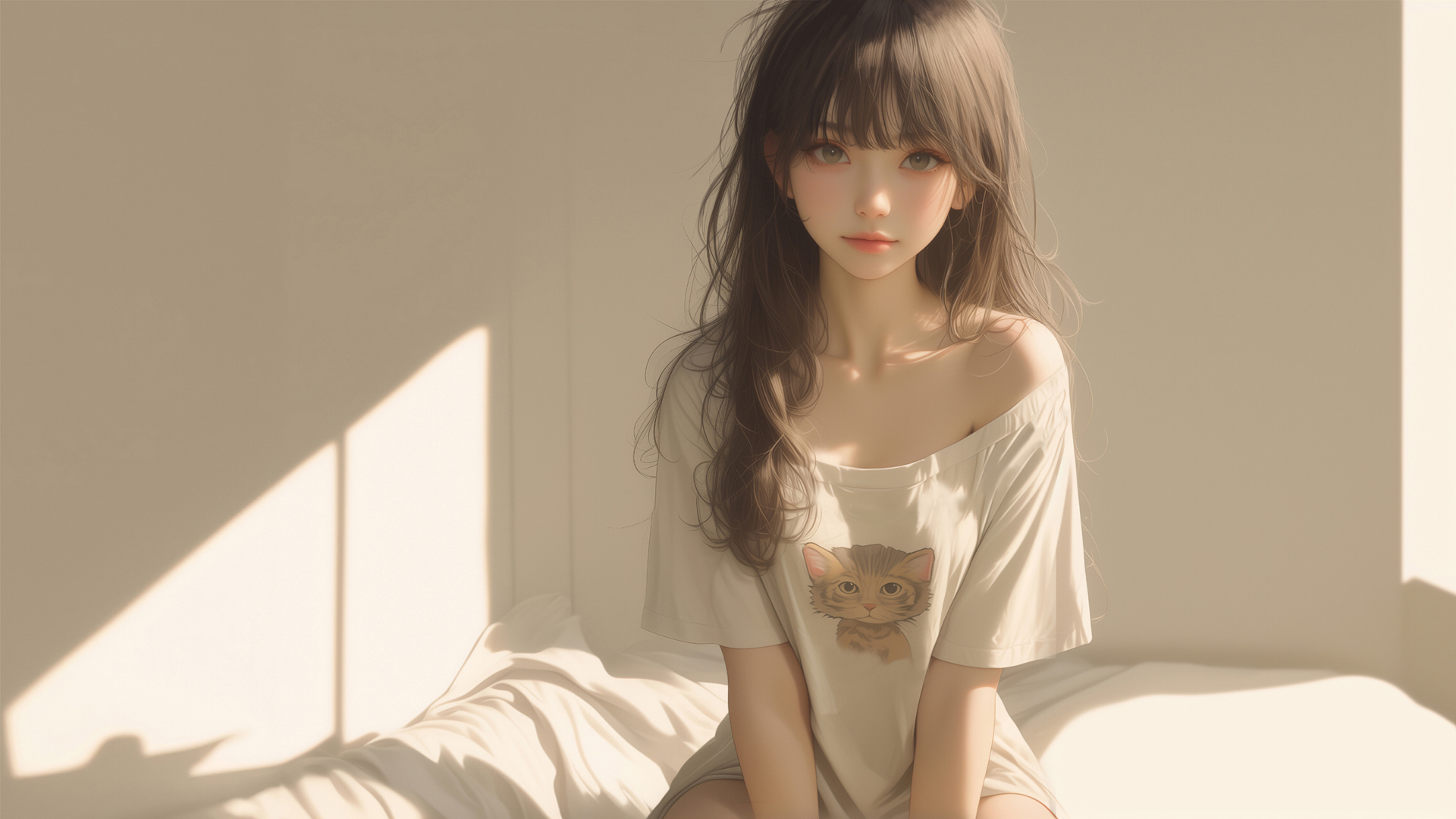 ['动漫房间窗边阳光长发女孩4K桌面壁纸高清']