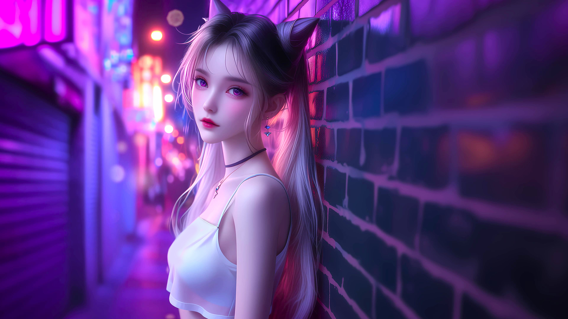 ['赛博朋克风格 狐耳少女 二次元动漫 高清4K壁纸']