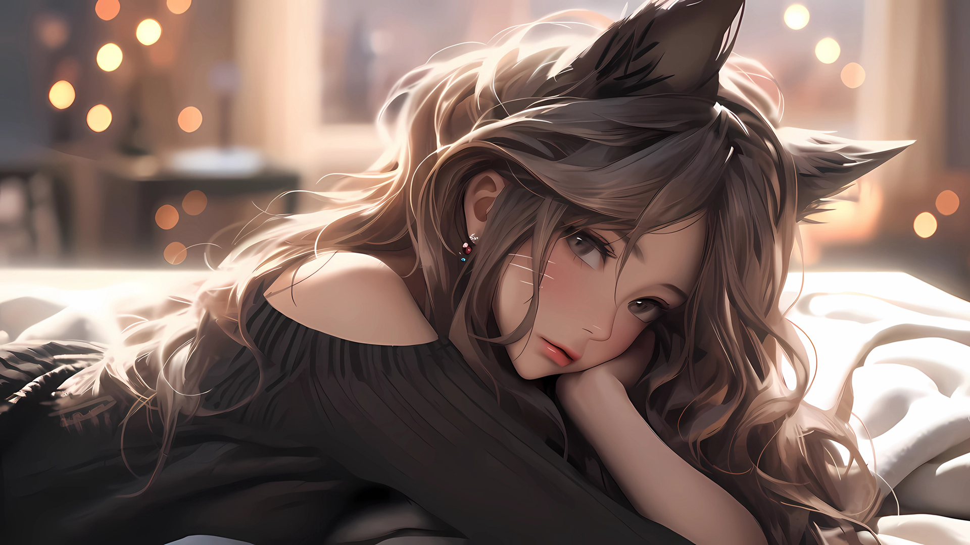 ['动漫少女 猫耳朵 兽耳 黑色毛衣 壁纸']