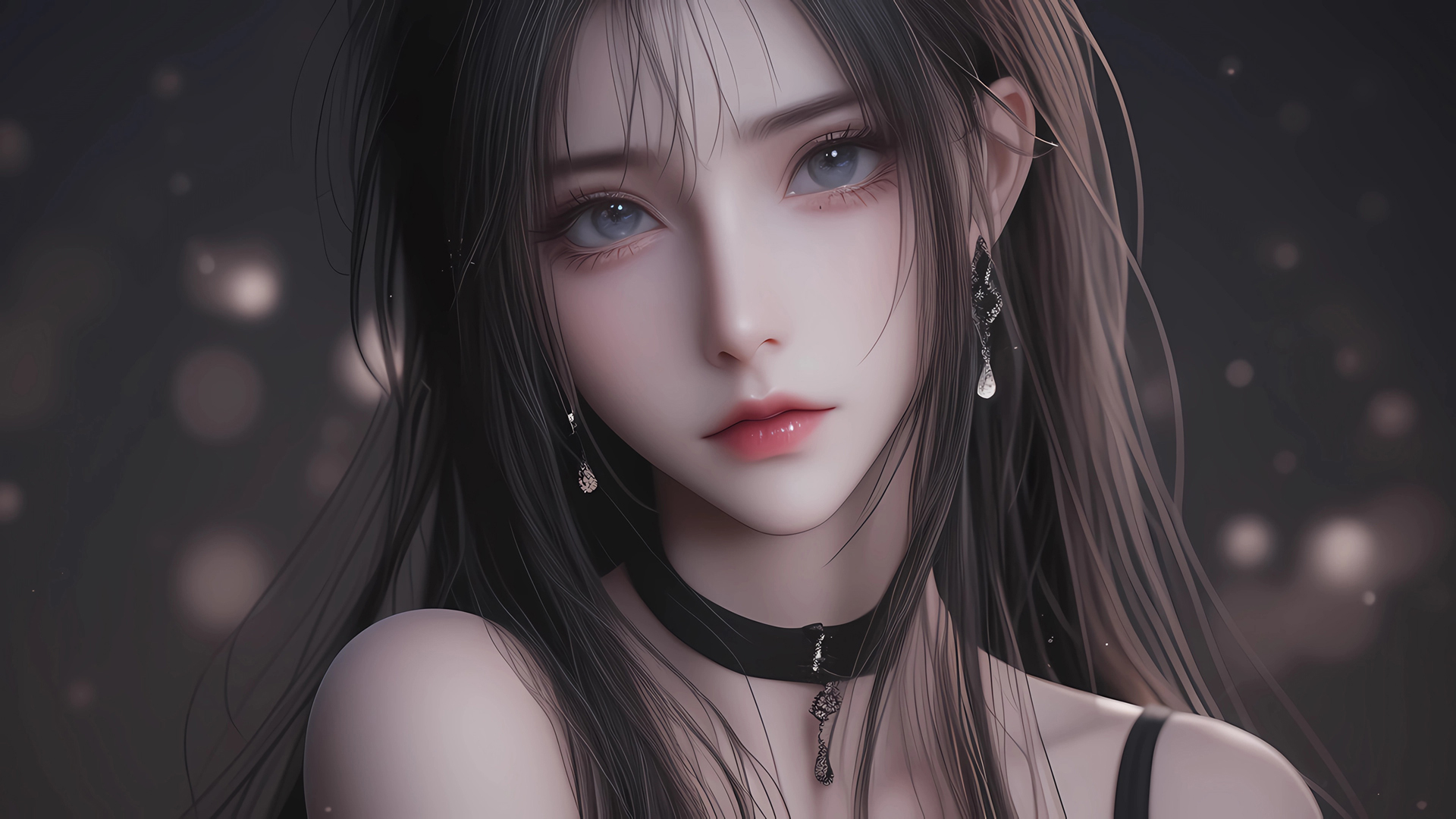 ['暗色系 唯美 动漫 黑色长发 女子 桌面壁纸']