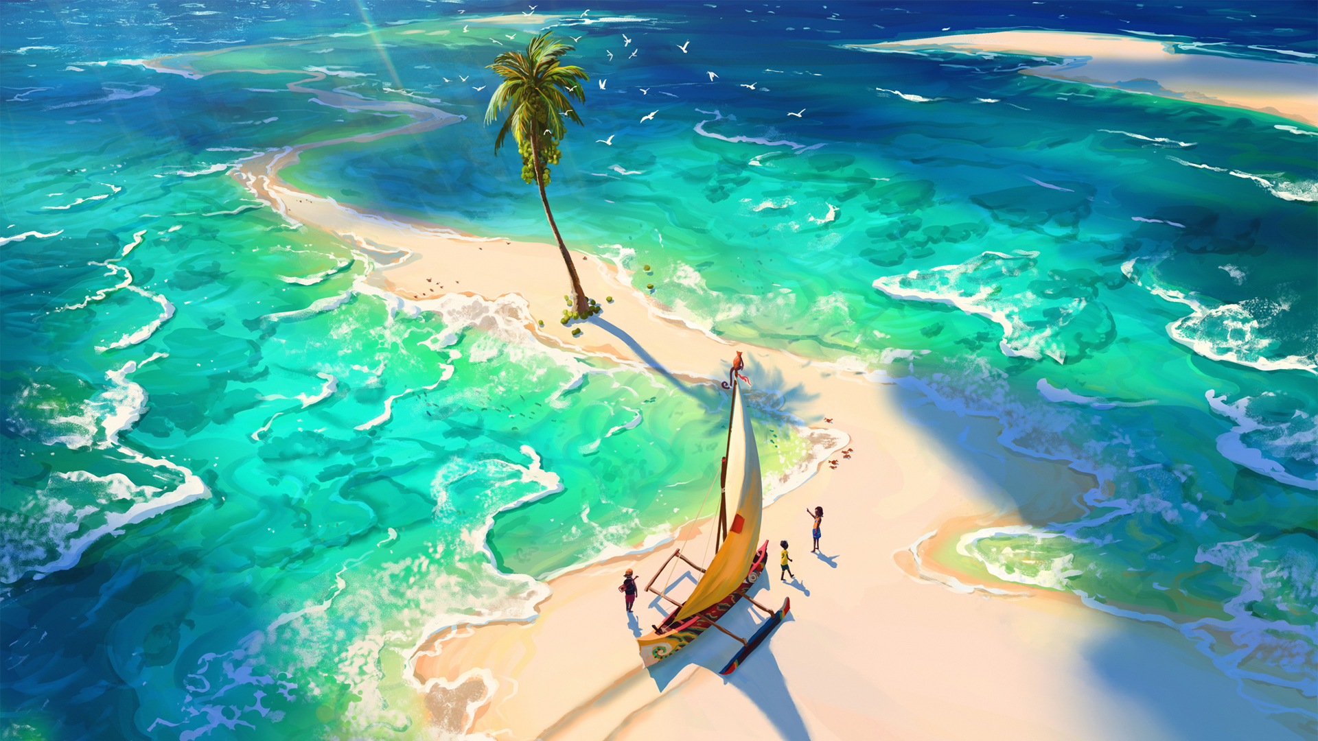 ['大海 棕榈树 海滩 帆船 岛 卡通风景 动漫壁纸']