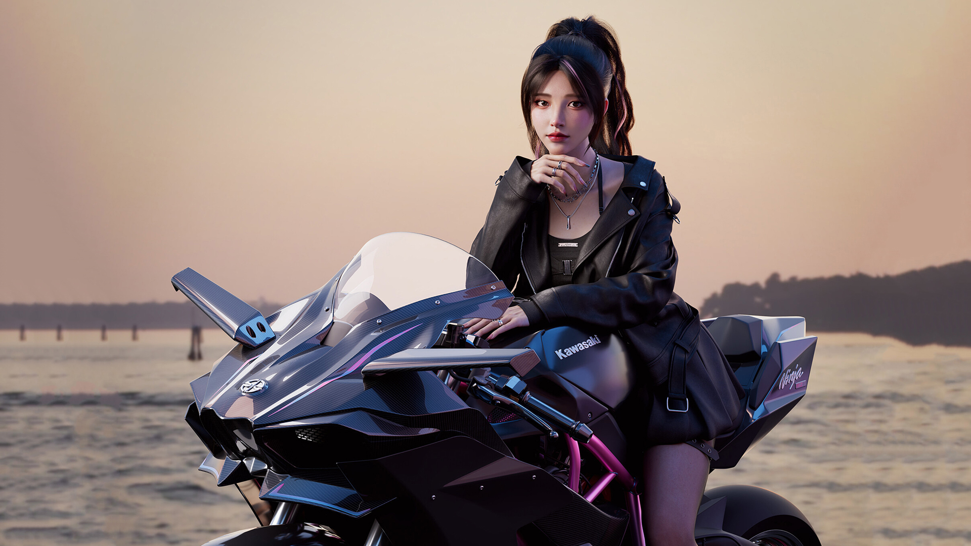 ['动漫 机车 美女 皮衣 高马尾 帅气 壁纸']