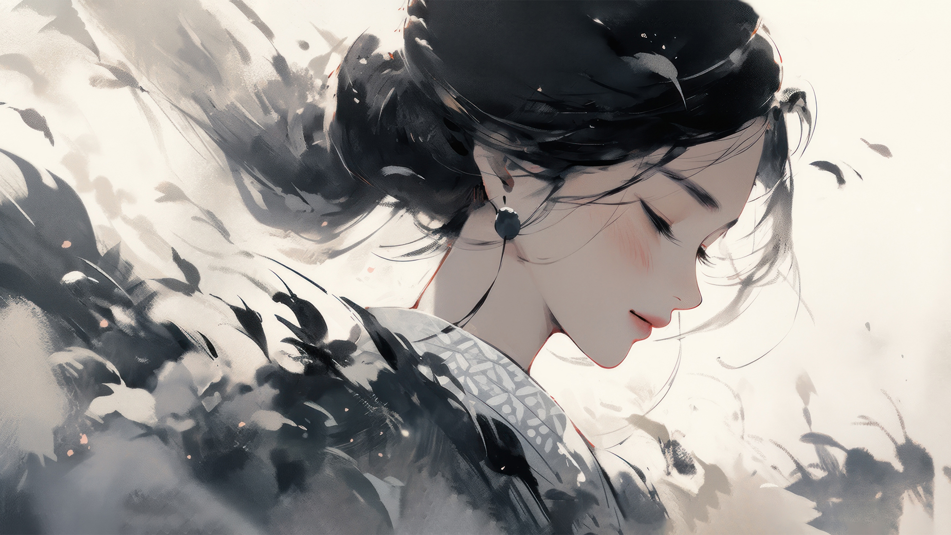 ['黑白 古风 动漫女孩 唯美 高清壁纸']