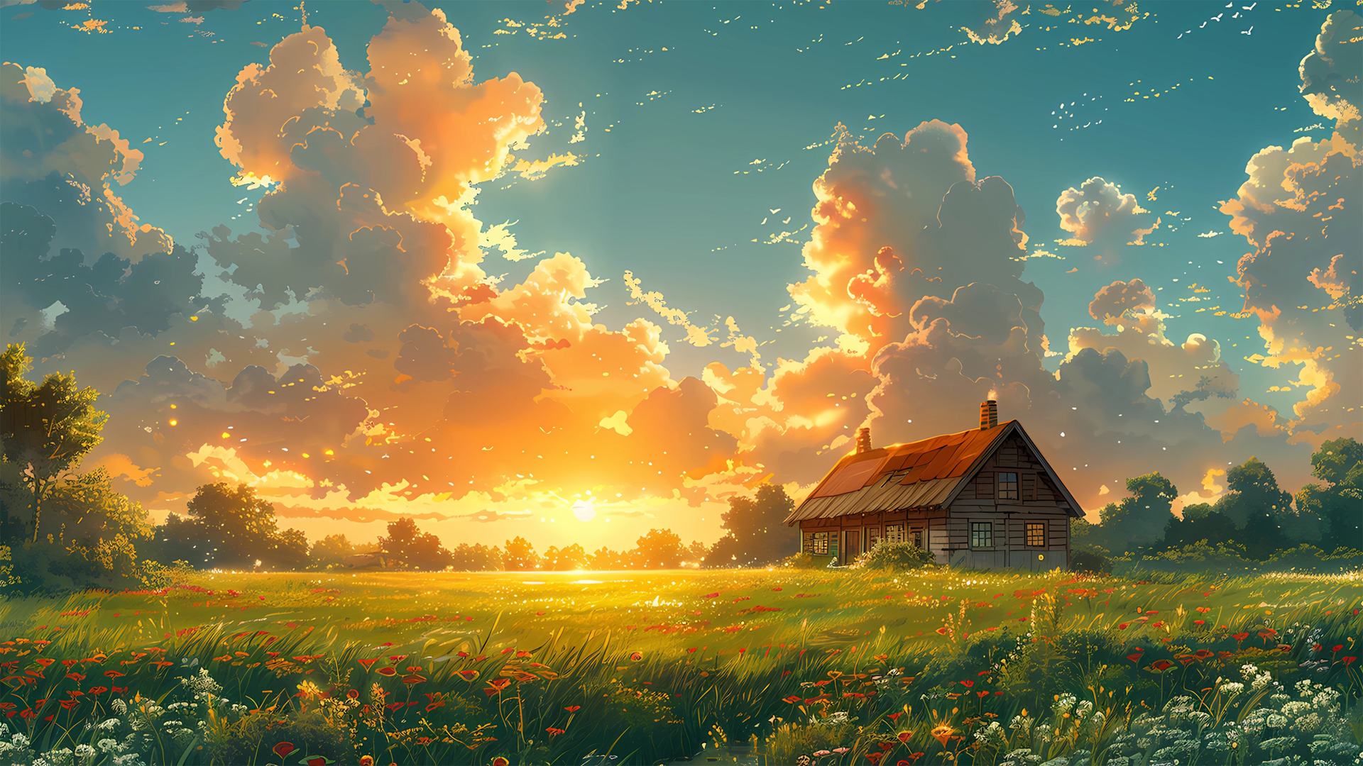 ['夕阳房屋风景壁纸 鲜花天空云朵桌面高清图片']