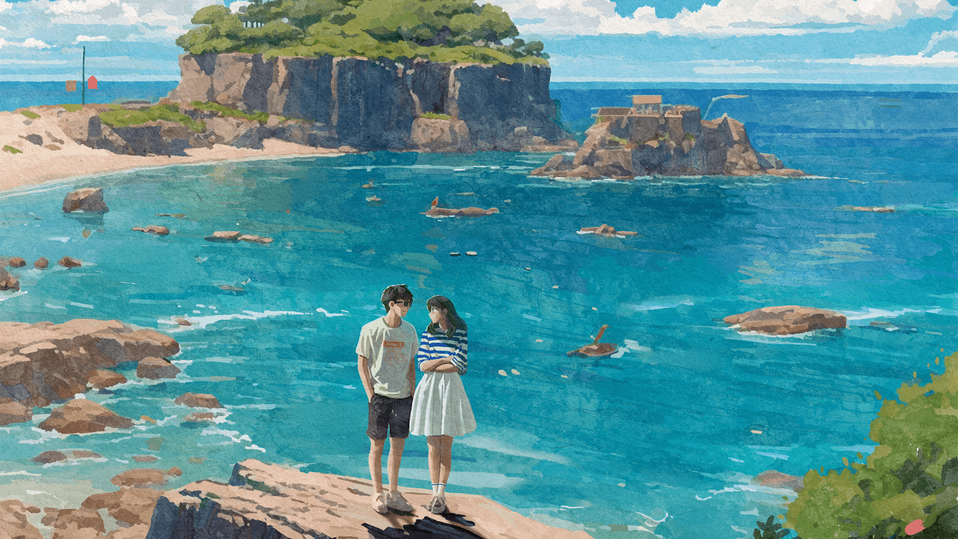 ['情侣手绘海边岩石海水唯美浪漫动漫插画壁纸背景']