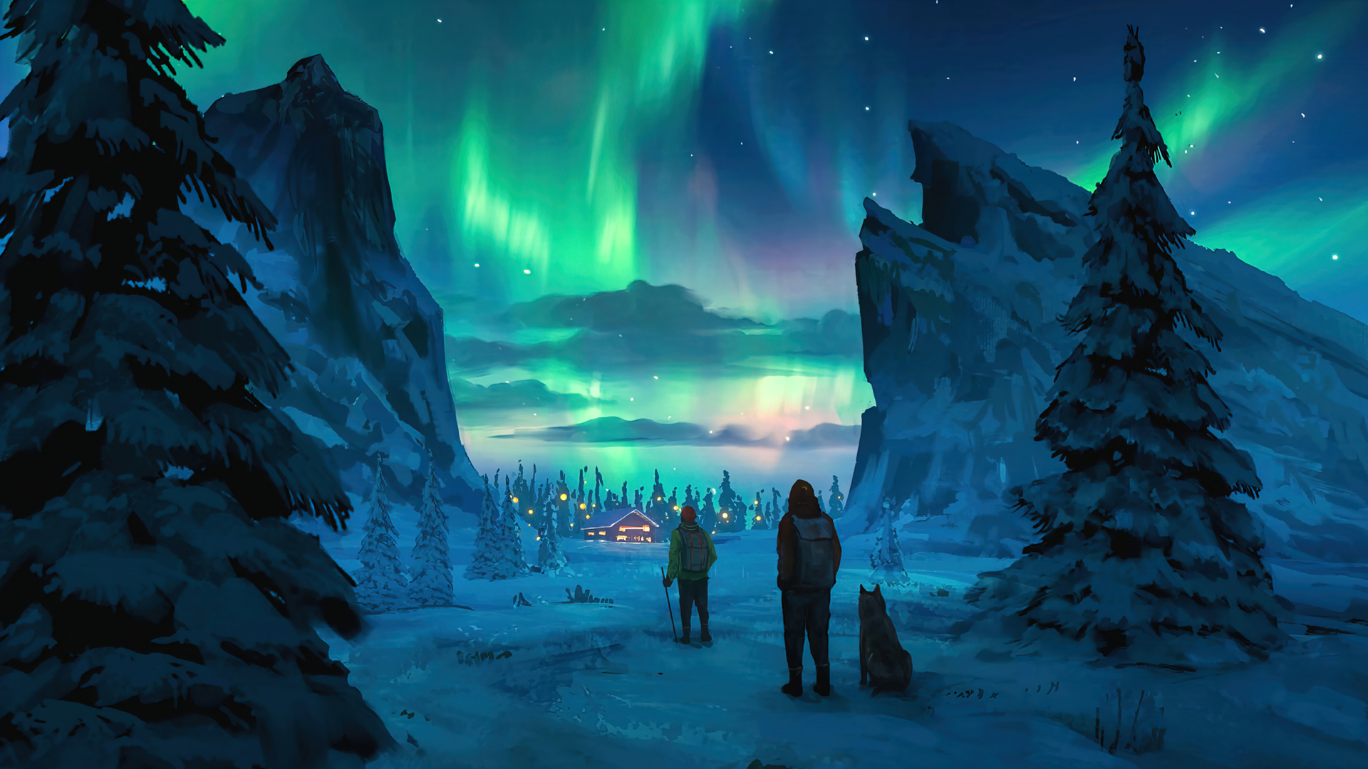 ['北极光 冬天 雪景 房子 动漫插画 风景壁纸']