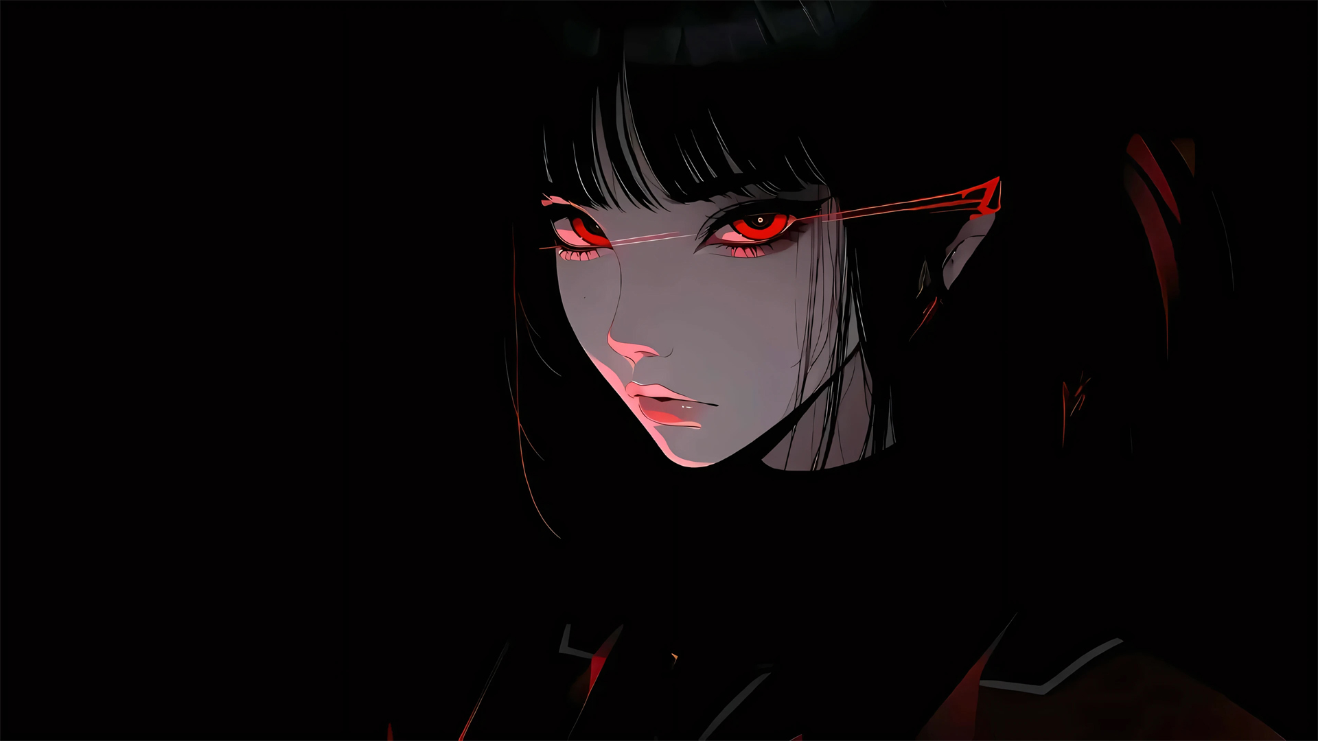 ['暗色系 动漫女孩 红色眼睛 桌面壁纸']