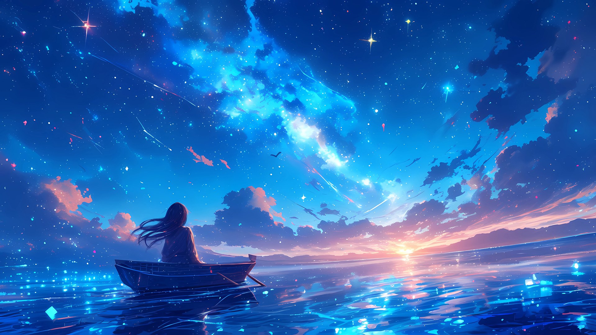['星空 小船 女孩 动漫 壁纸']