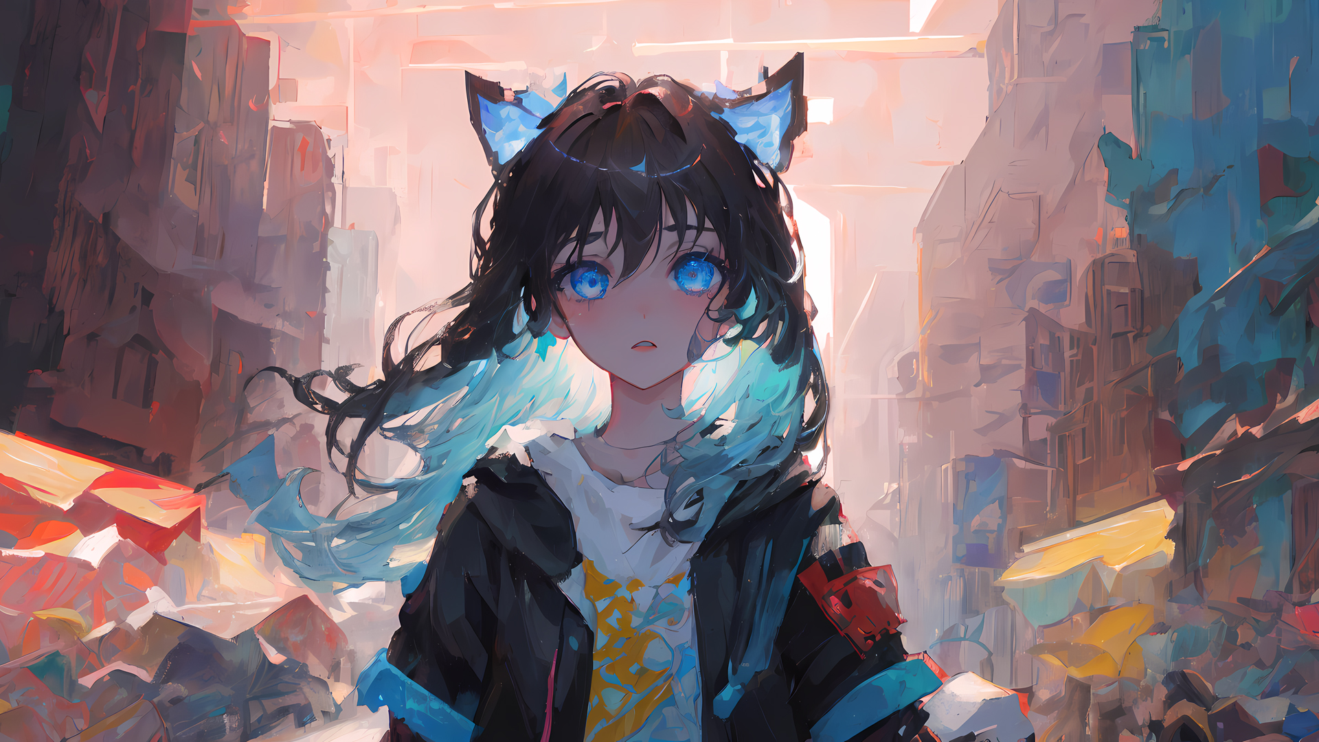 ['蓝眼睛 猫娘 少女 兽耳 4K动漫壁纸 AI绘画']