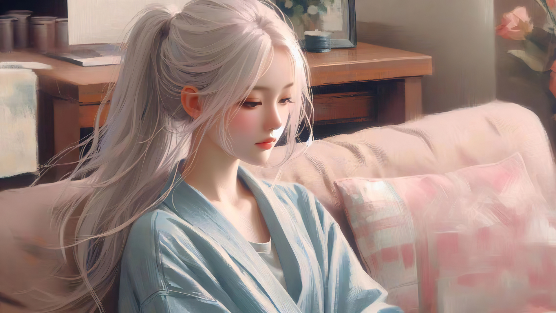 ['居家少女 马尾辫 4K高清动漫壁纸 带鱼屏电脑桌面']
