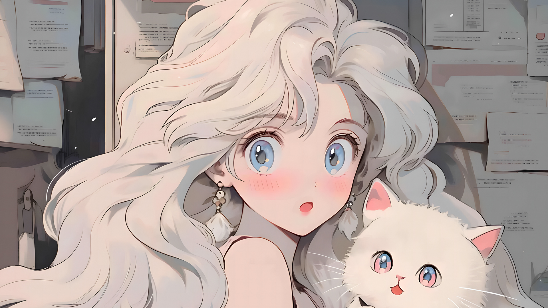 ['报纸墙 可爱少女 猫 4K动漫壁纸 带鱼屏']