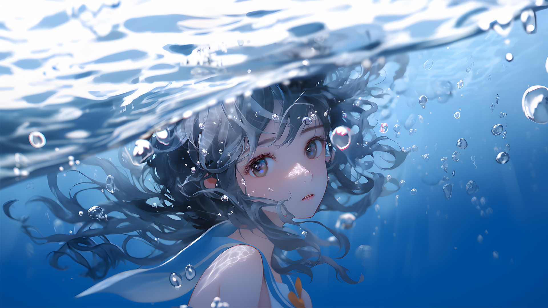 ['水下动漫少女 4K超清 二次元壁纸 高分辨率 电脑桌面 水中插画 带鱼屏壁纸']