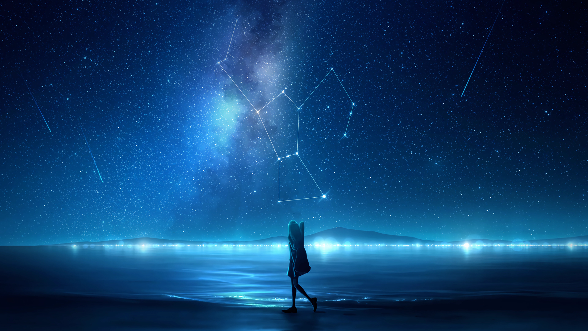 ['海边女孩 唯美星空 星系插画 4K动态动漫壁纸']