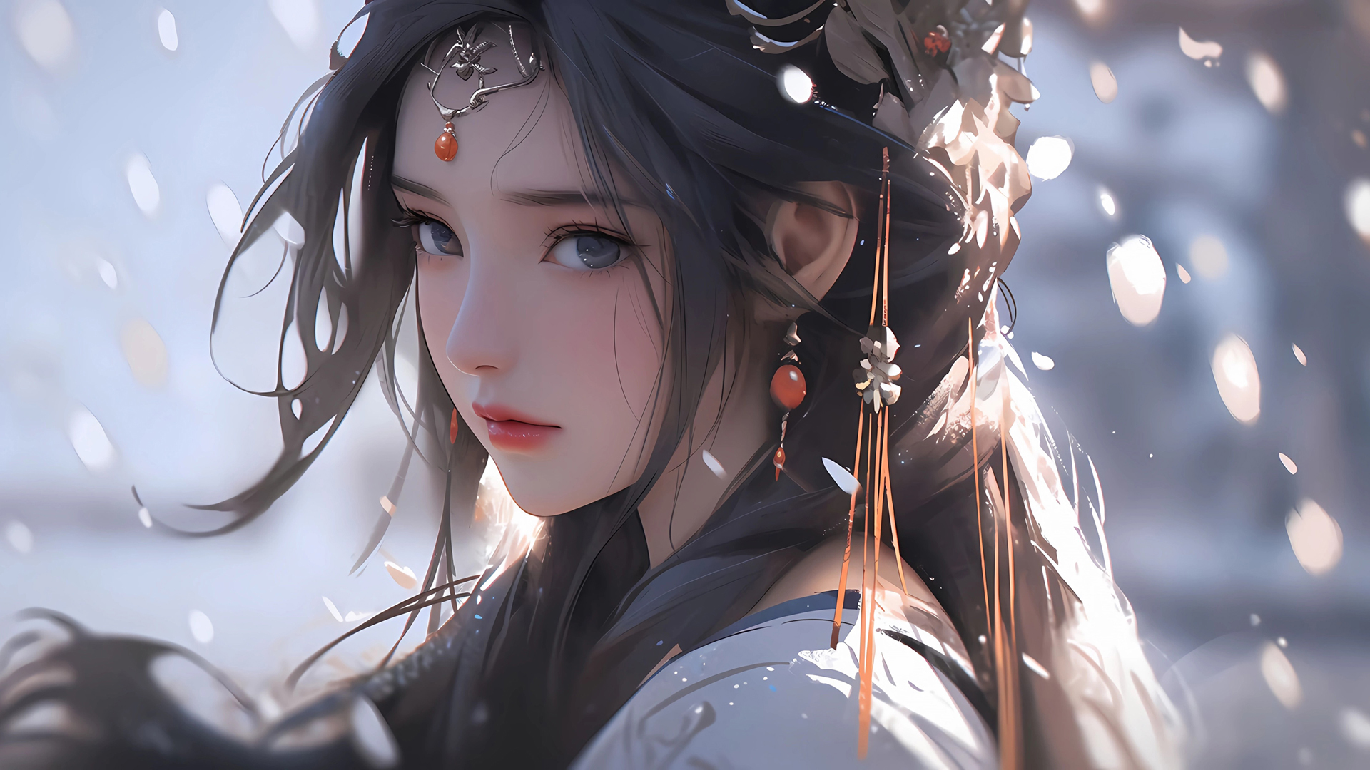 ['古风动漫美女 头饰 回眸凝望 桌面壁纸']