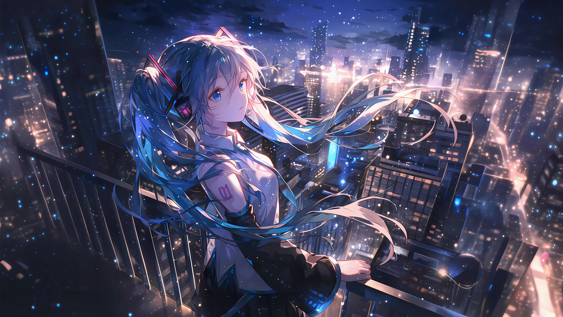 ['初音未来 城市夜景 星空 桌面壁纸']
