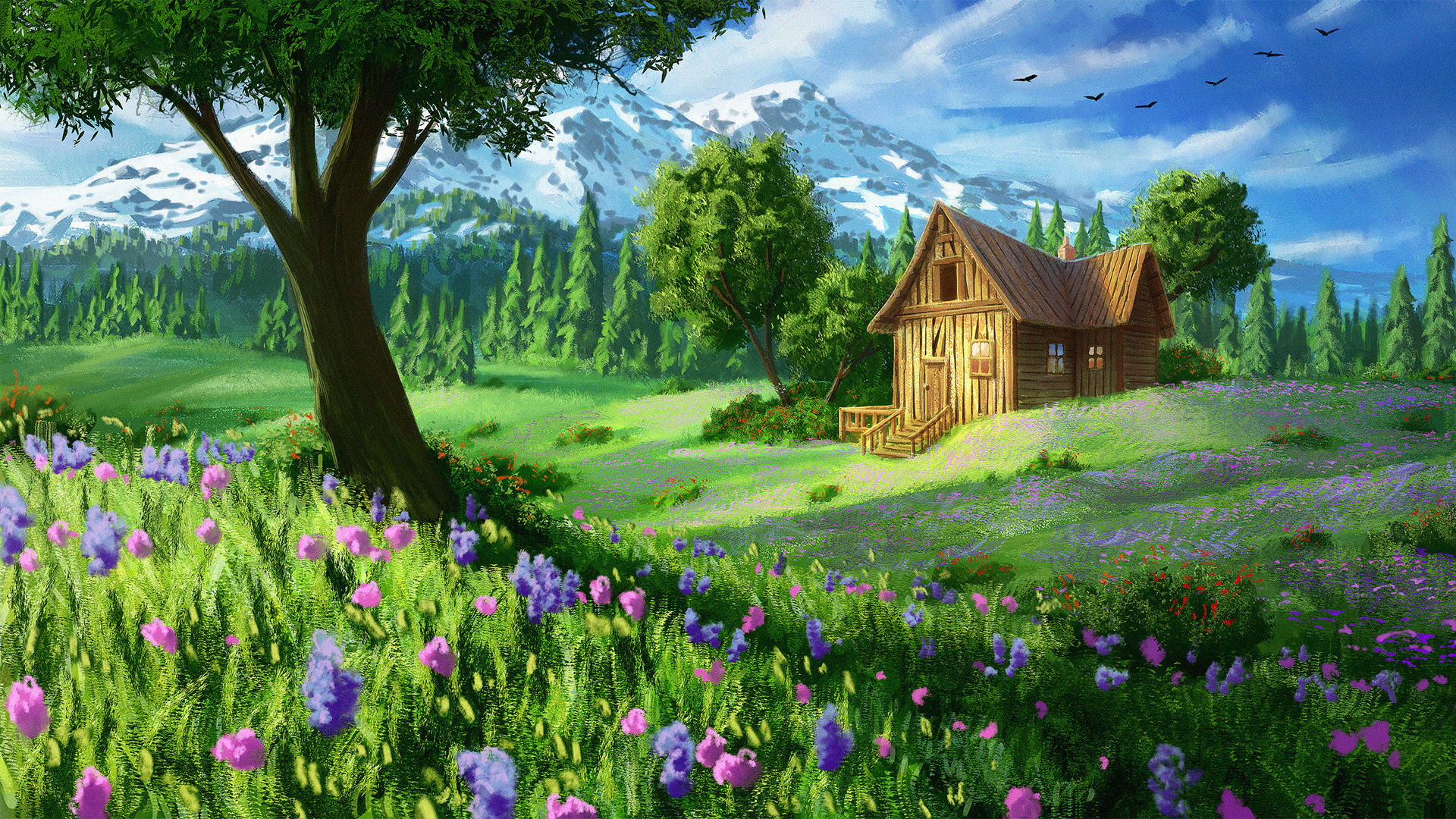 ['雪山 木屋 鲜花 自然风景 高清护眼壁纸']