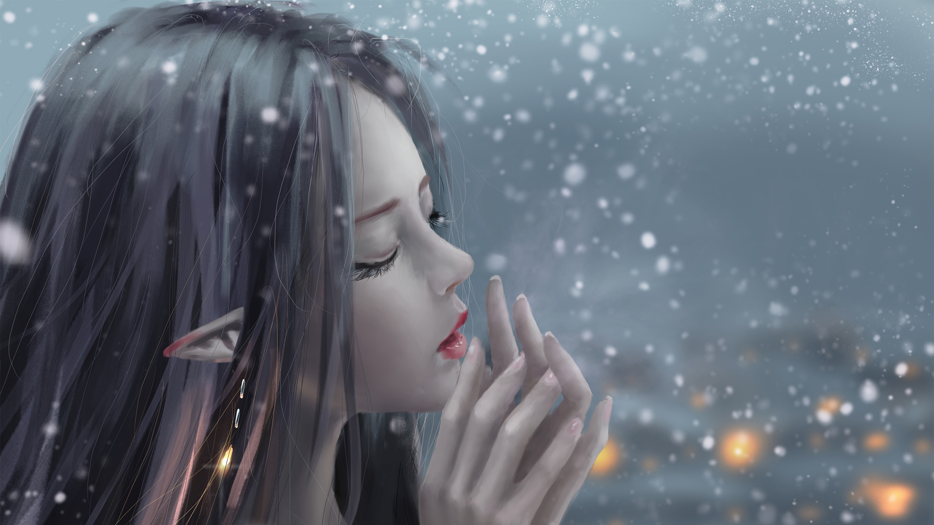 ['飘雪 女孩 唯美插画 高清壁纸 冬季雪景']