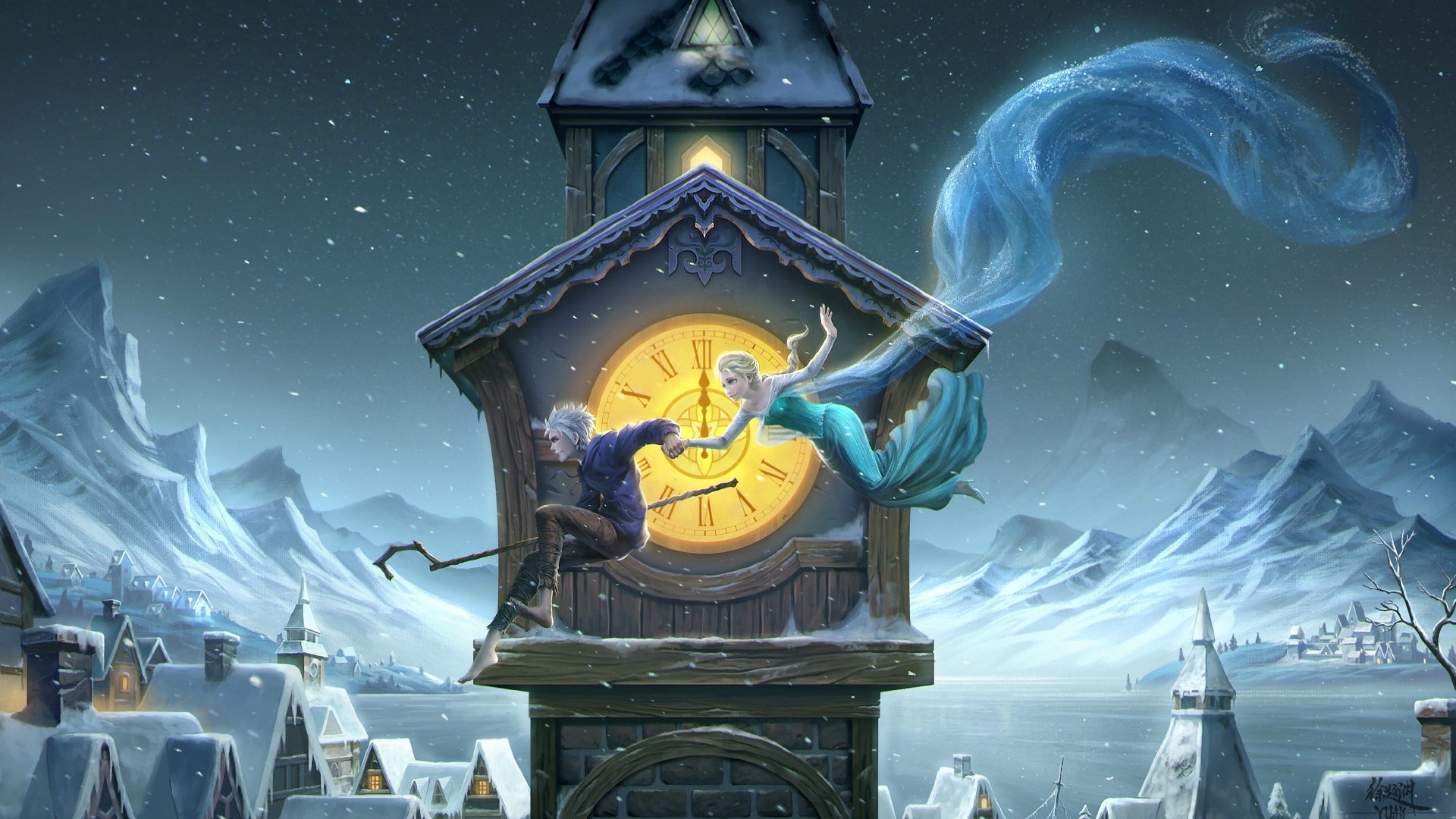 ['唯美情侣牵手 雪山 钟楼 夜晚 飞行壁纸']