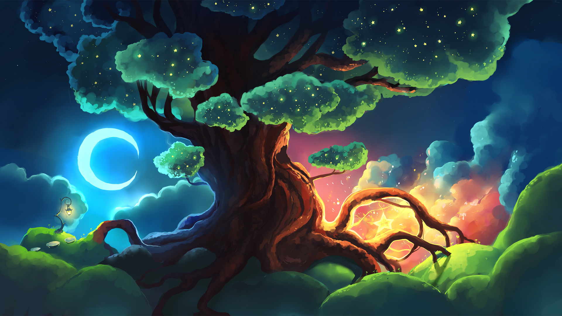 ['星空树夜景高清壁纸 圣诞星树动态壁纸 星星树插画素材']