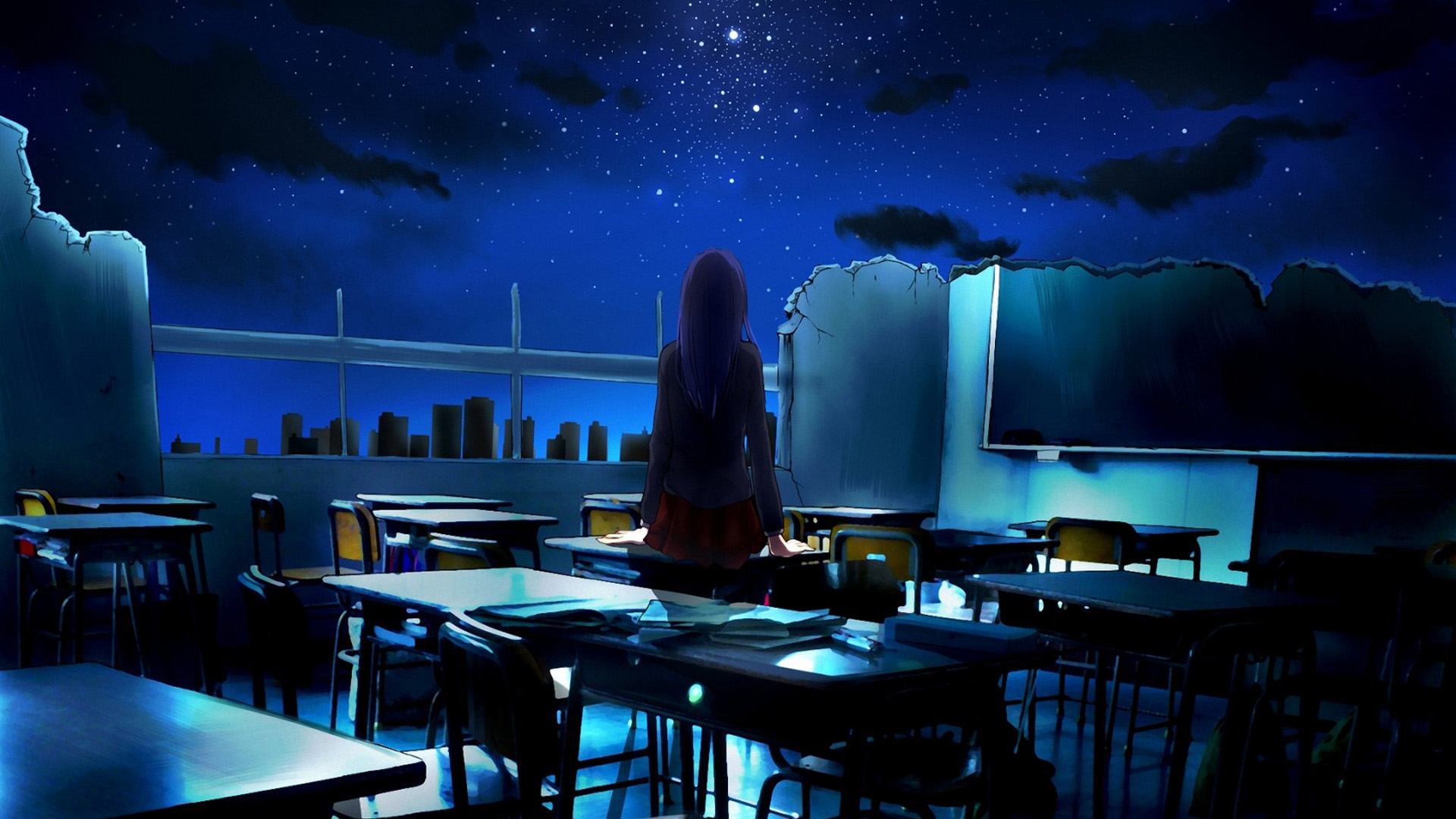 ['动漫废墟女孩 教室课桌 4k壁纸']