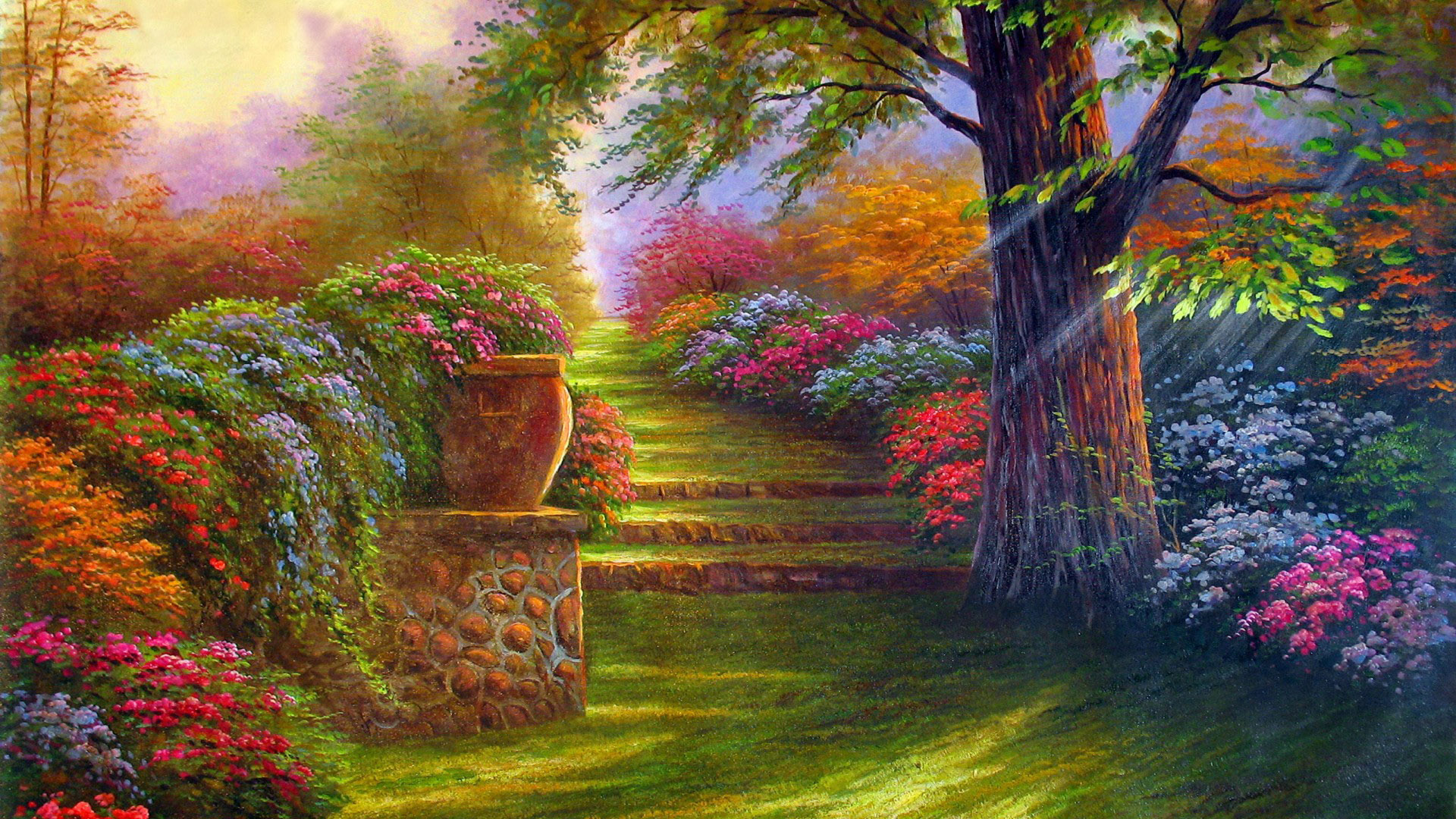 ['唯美 绘画艺术 园林景观 花卉风景 林间小路 自然风光']