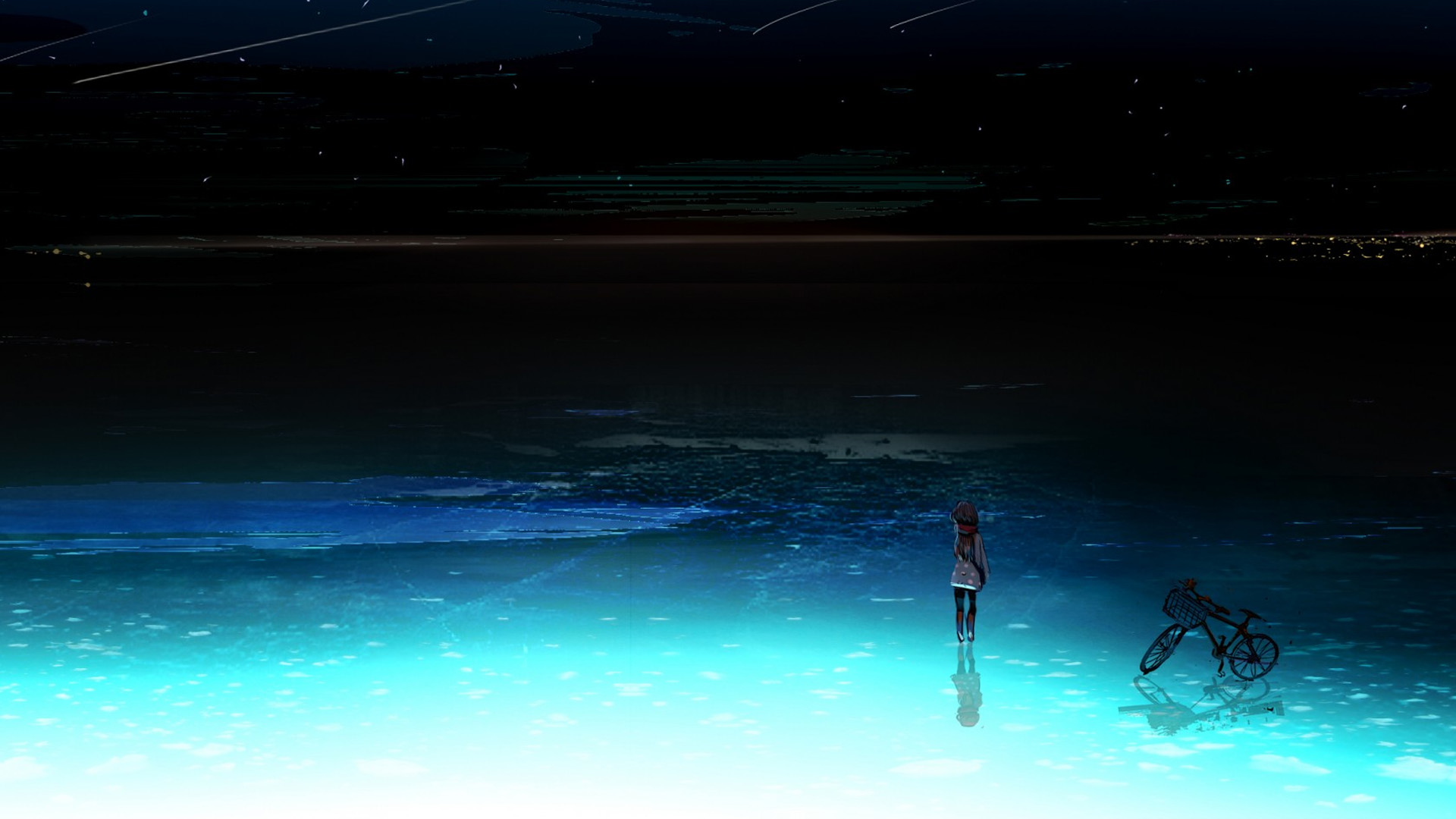 ['唯美 女孩 脚踏车 夜晚 城市灯光 动漫壁纸 宽屏']