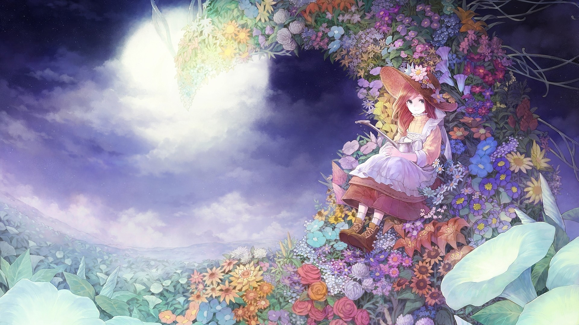 ['女孩 晚上 月亮 鲜花 帽子 可爱唯美动漫4K壁纸']