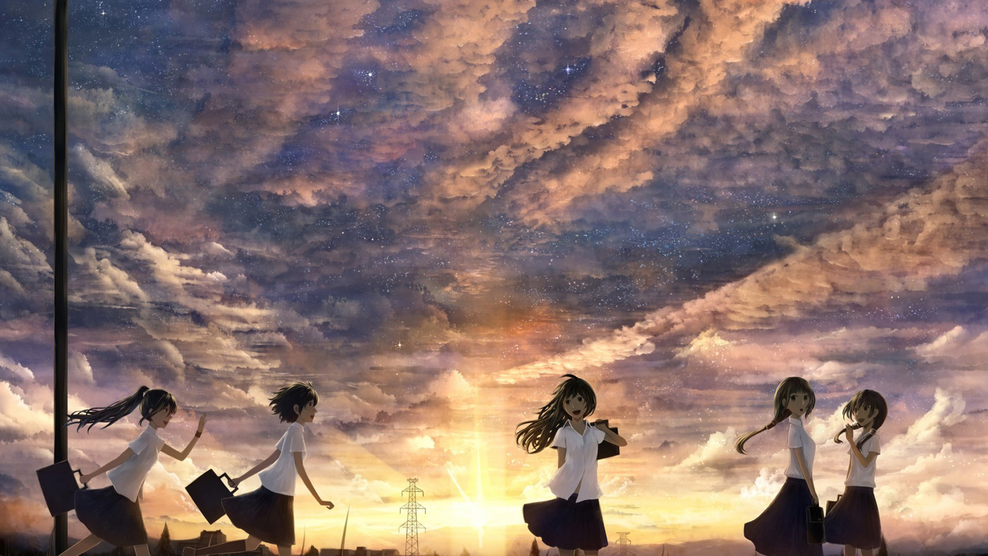 ['放学少女 日落天空 可爱动漫壁纸高清']