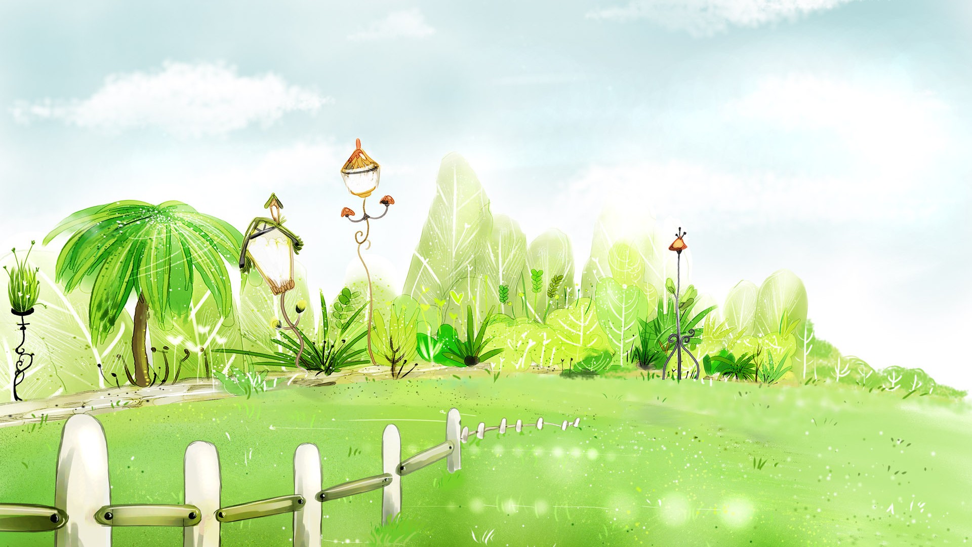 ['自然风景 树木 草地 天空 木栅栏 围墙 设计素材 高清壁纸']