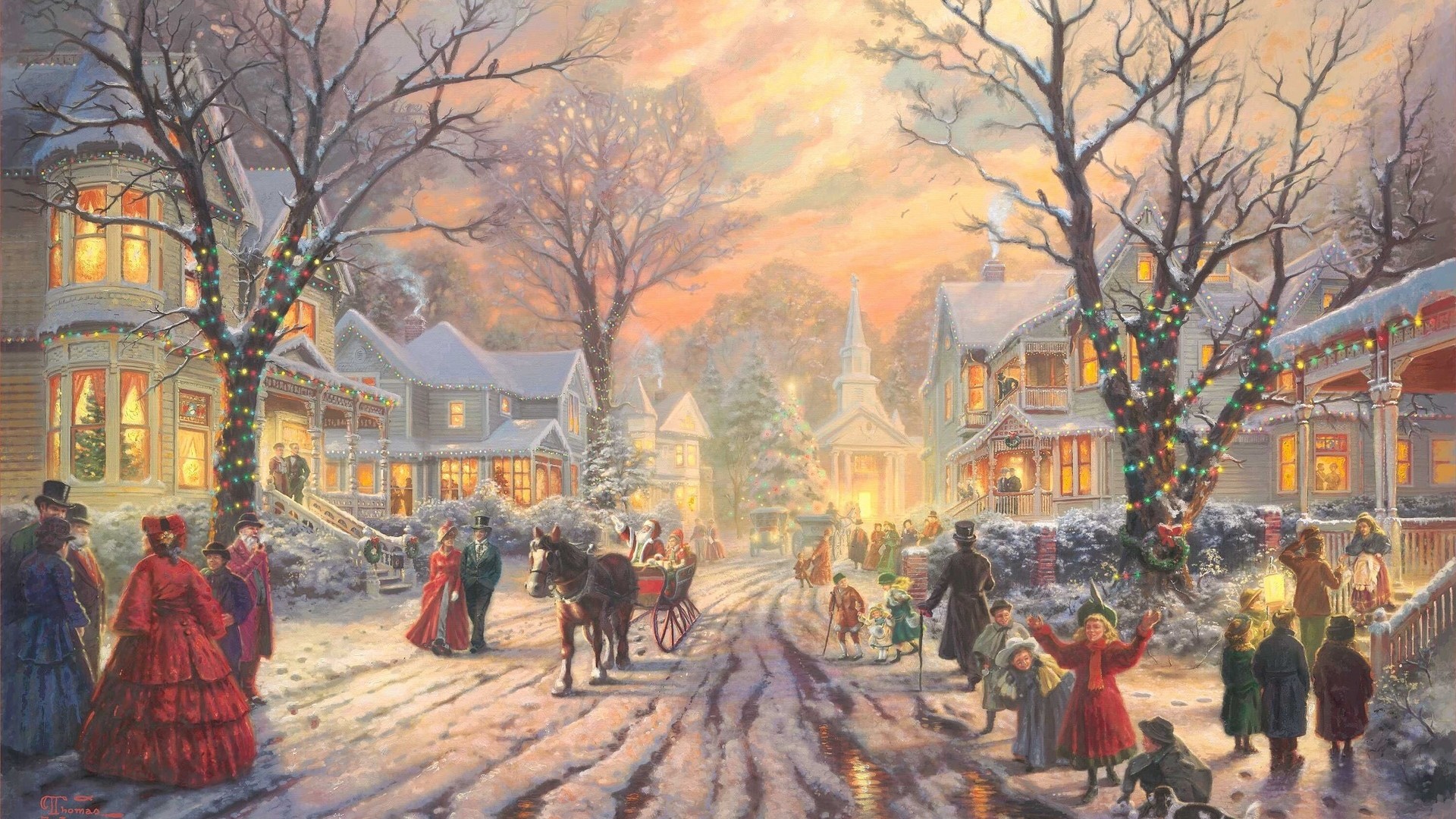 ['Thomas Kinkade 圣诞节 城镇街道 风景油画 经典壁纸']