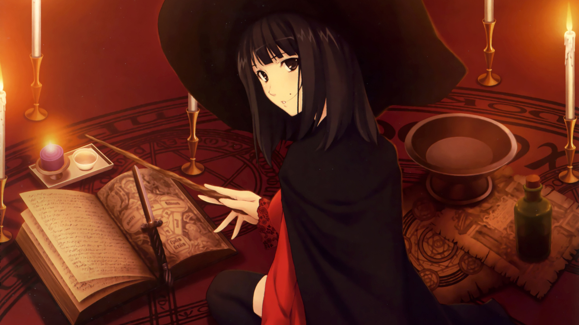 ['小魔女 魔法帽 魔杖 书 蜡烛 动漫桌面壁纸']