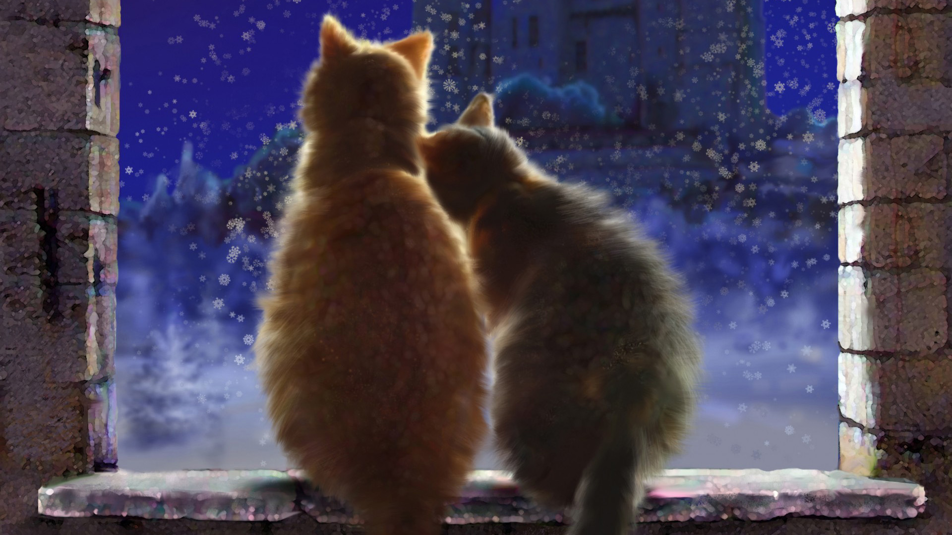 ['猫夫妇 雪景 冬季壁纸 爱情 宽屏']