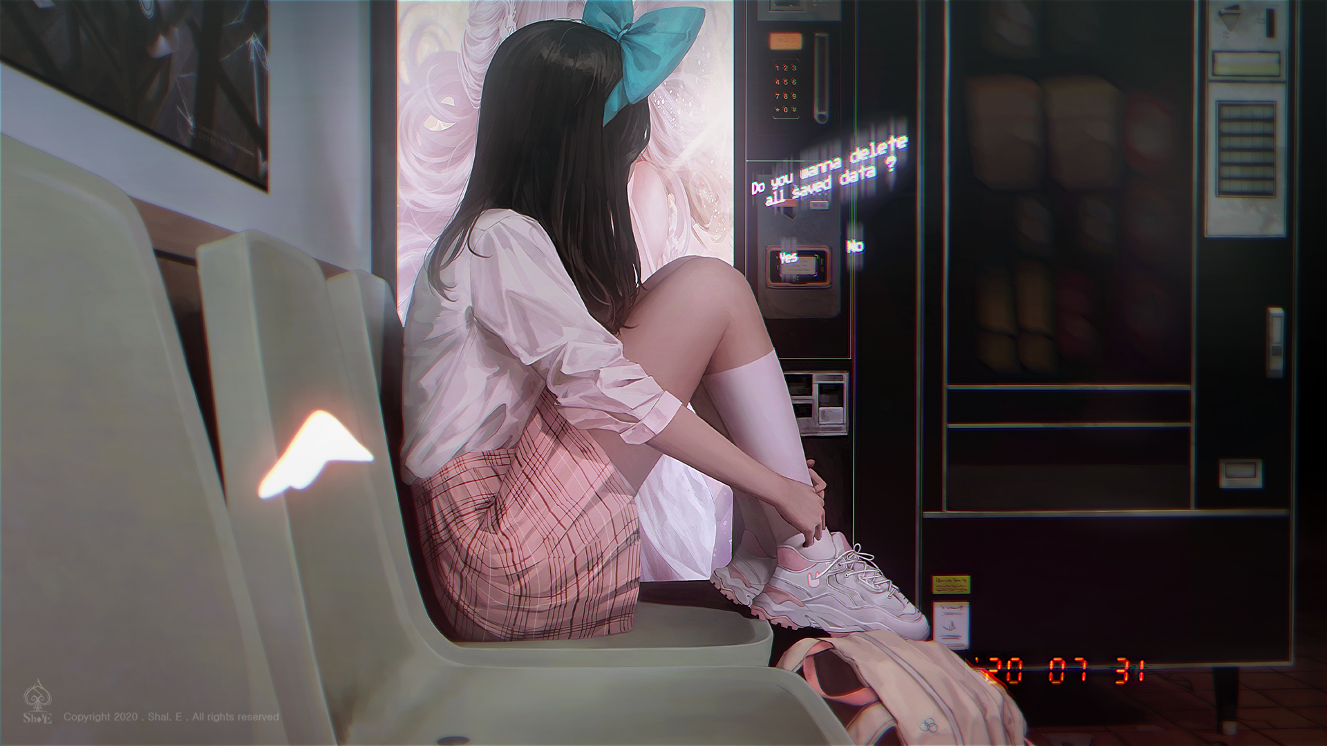 ['二次元动漫女生 蝴蝶头扣 白衬衫 粉色短裙 运动鞋 候车厅壁纸']