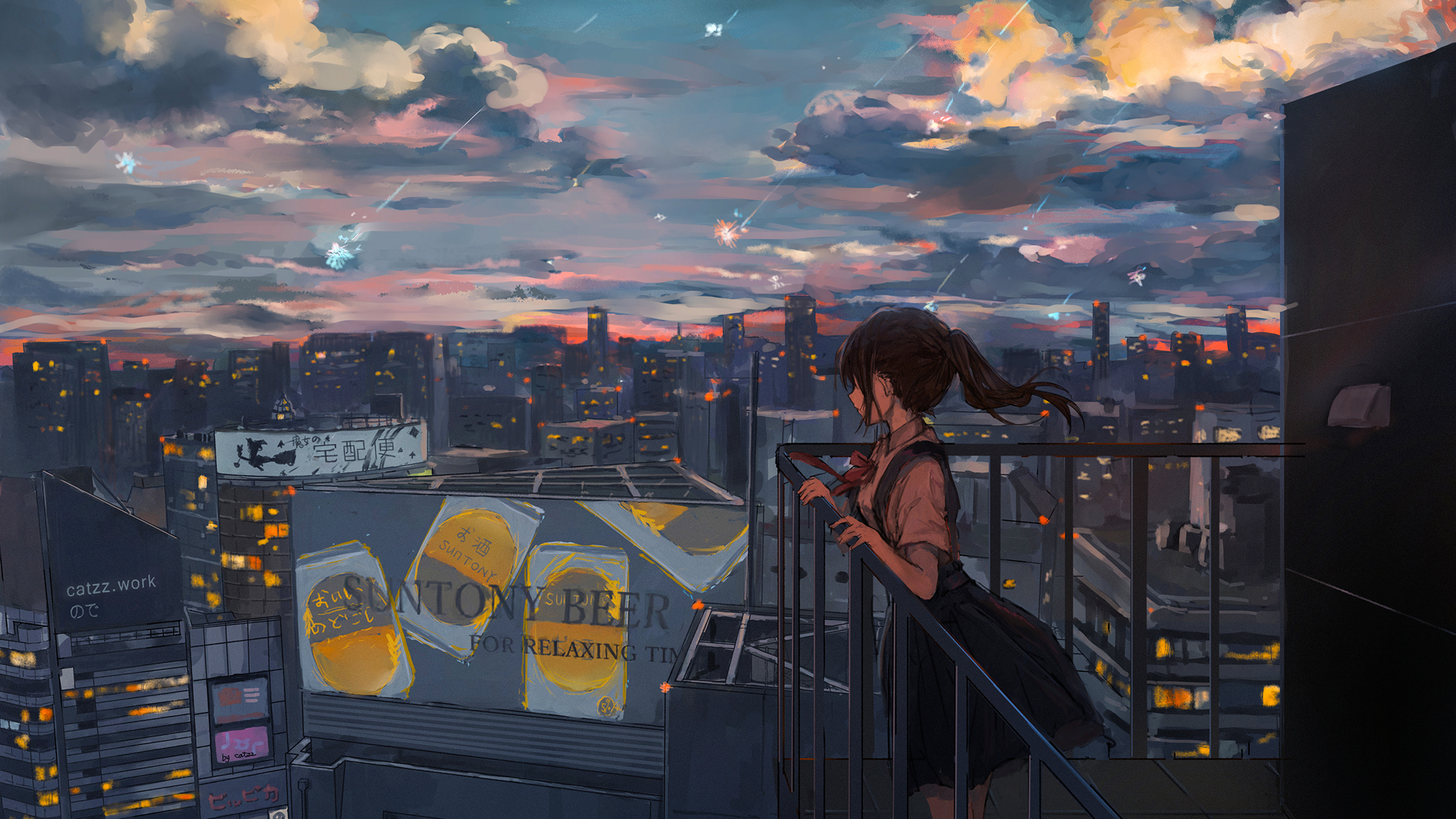 ['傍晚 女孩子 夜景 都市 流星 2K动漫壁纸']