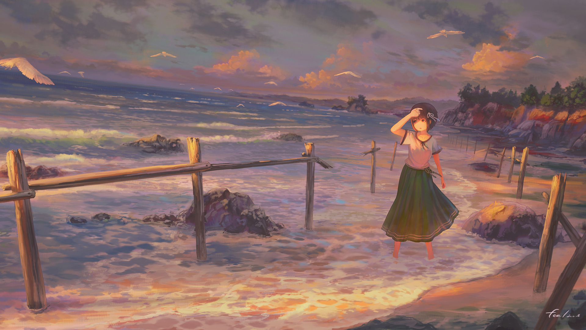 ['动漫女孩 海边日落 唯美风景 高清壁纸']