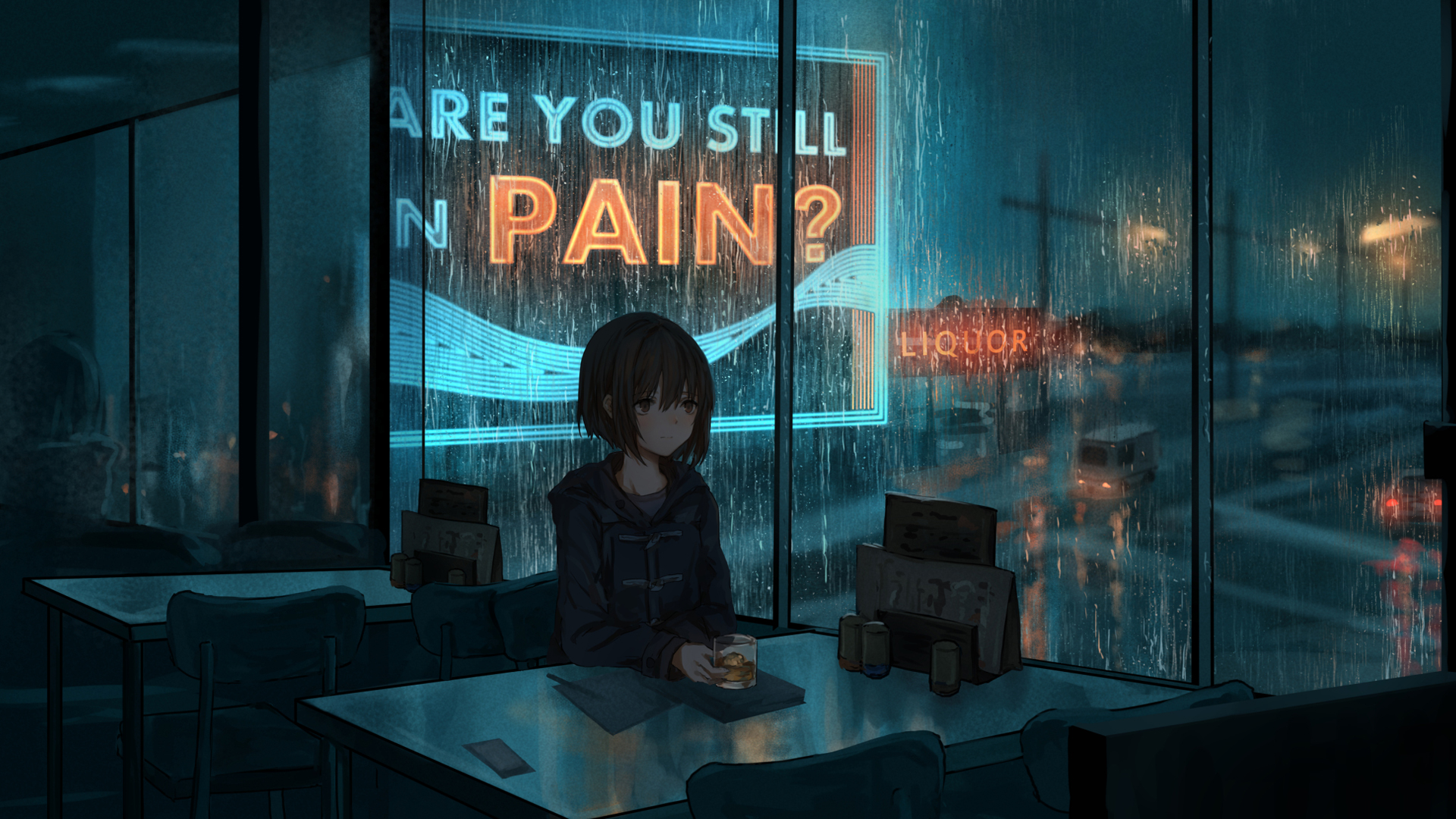 ['雨天 夜景 玻璃窗 女孩 桌子 动漫壁纸 高清唯美 合集']