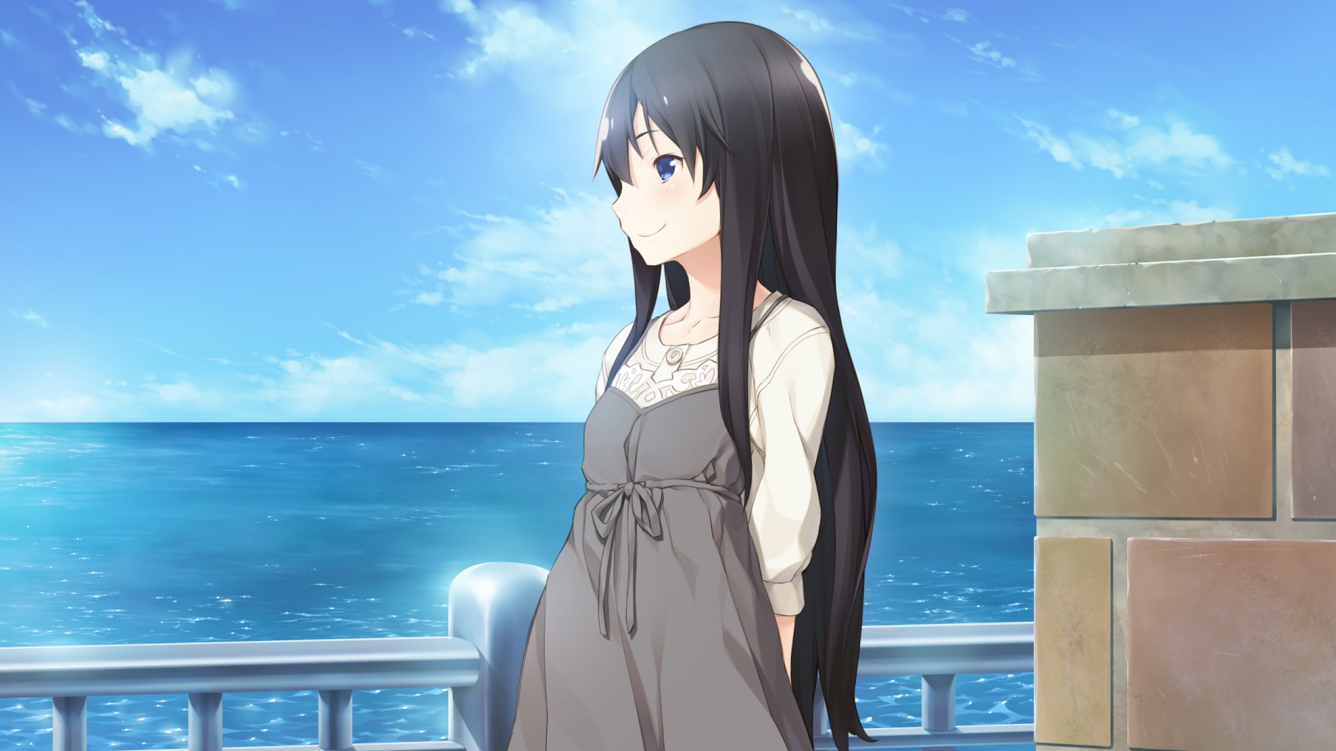 ['海边 动漫少女 蓝色天空 唯美治愈系 清凉夏日插画壁纸']