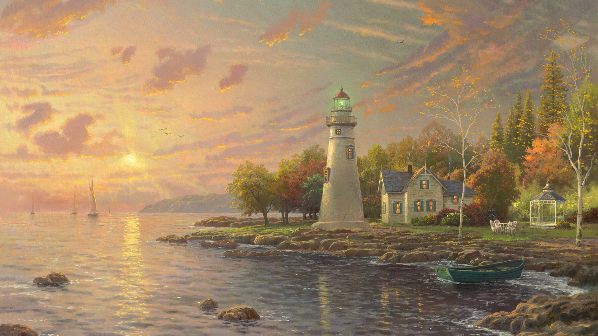 ['灯塔 插画 唯美风景 海边 房子 水彩 自然风景 阳光']