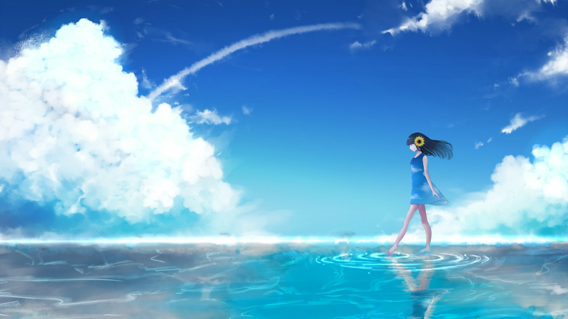 ['动漫桌面壁纸 阳光总在风雨后 海边 行走女生 天空 云朵']