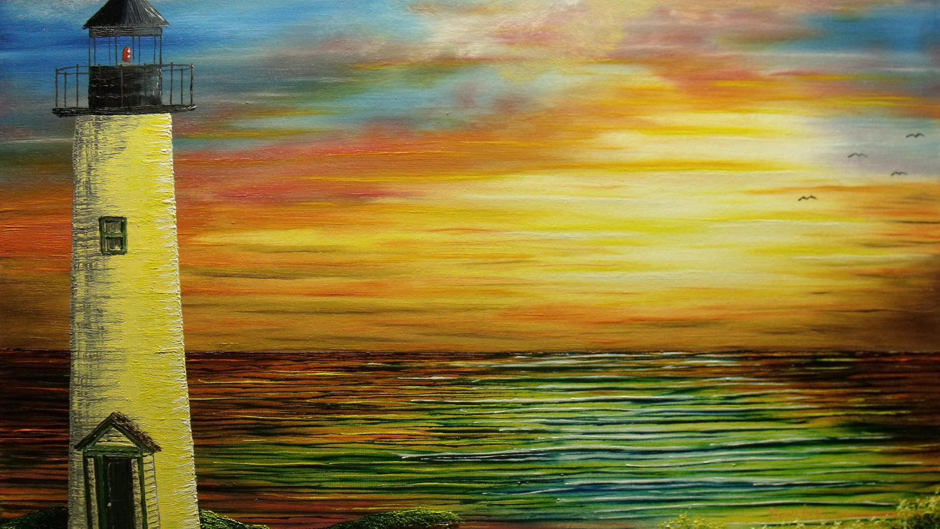 ['油画 风景灯塔 海景 水彩 唯美高清壁纸下载']