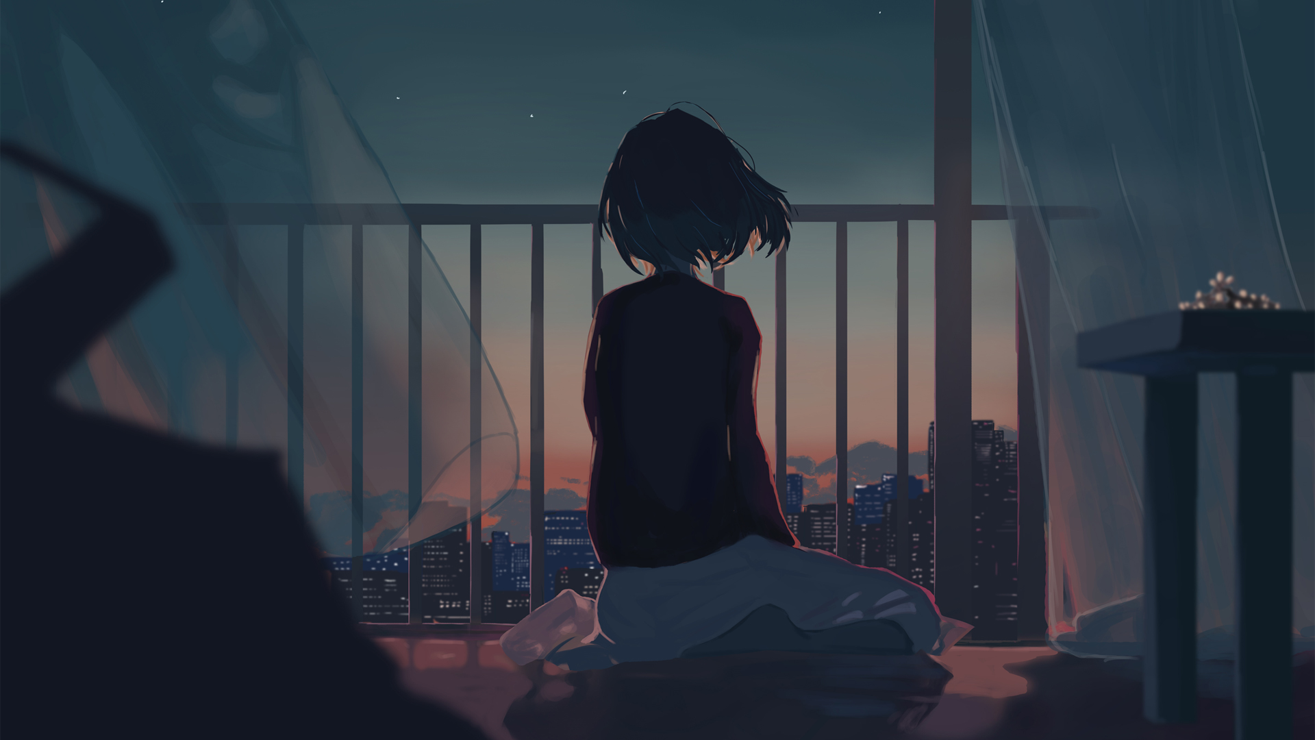['动漫女孩 城市夜景 高清壁纸']