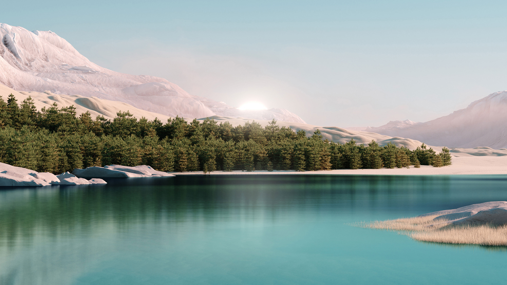 ['微软 Windows 11 沙漠 湖水 树林 夏天 风景壁纸']