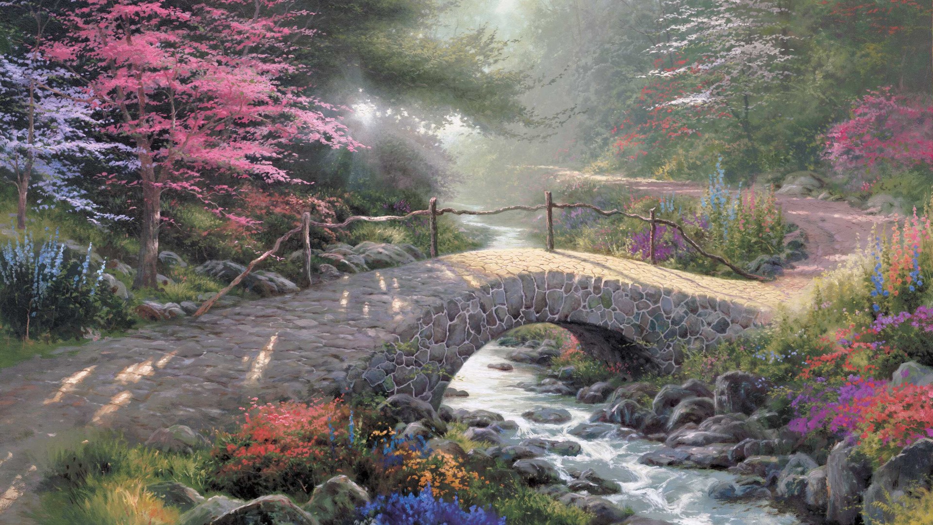 ['托马斯·金凯德 森林 小桥 溪水 意境 风景画 桌面壁纸']