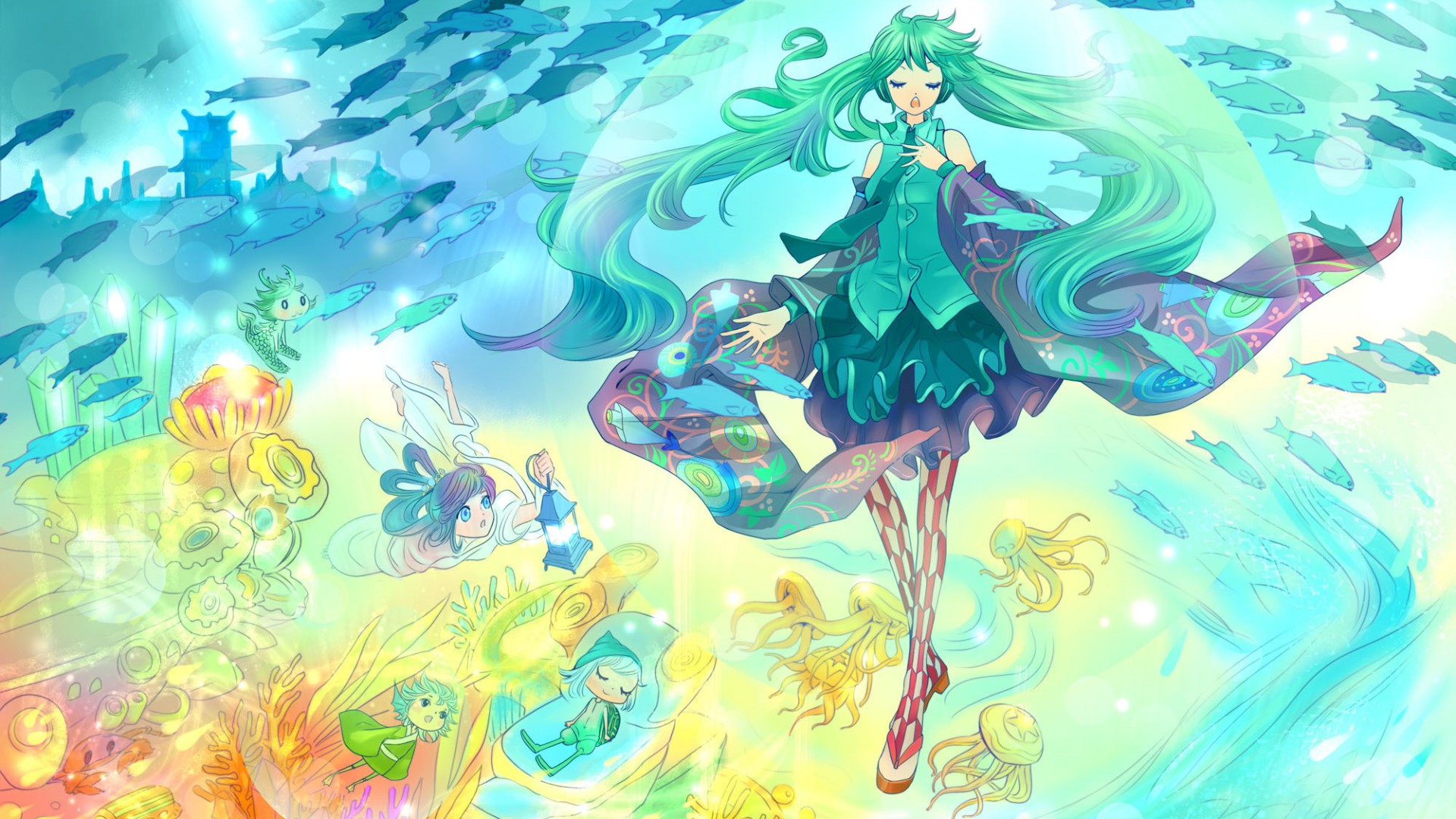 ['VOCALOID 初音未来 女孩 小孩 鱼 可爱动漫壁纸 桌面高清下载']