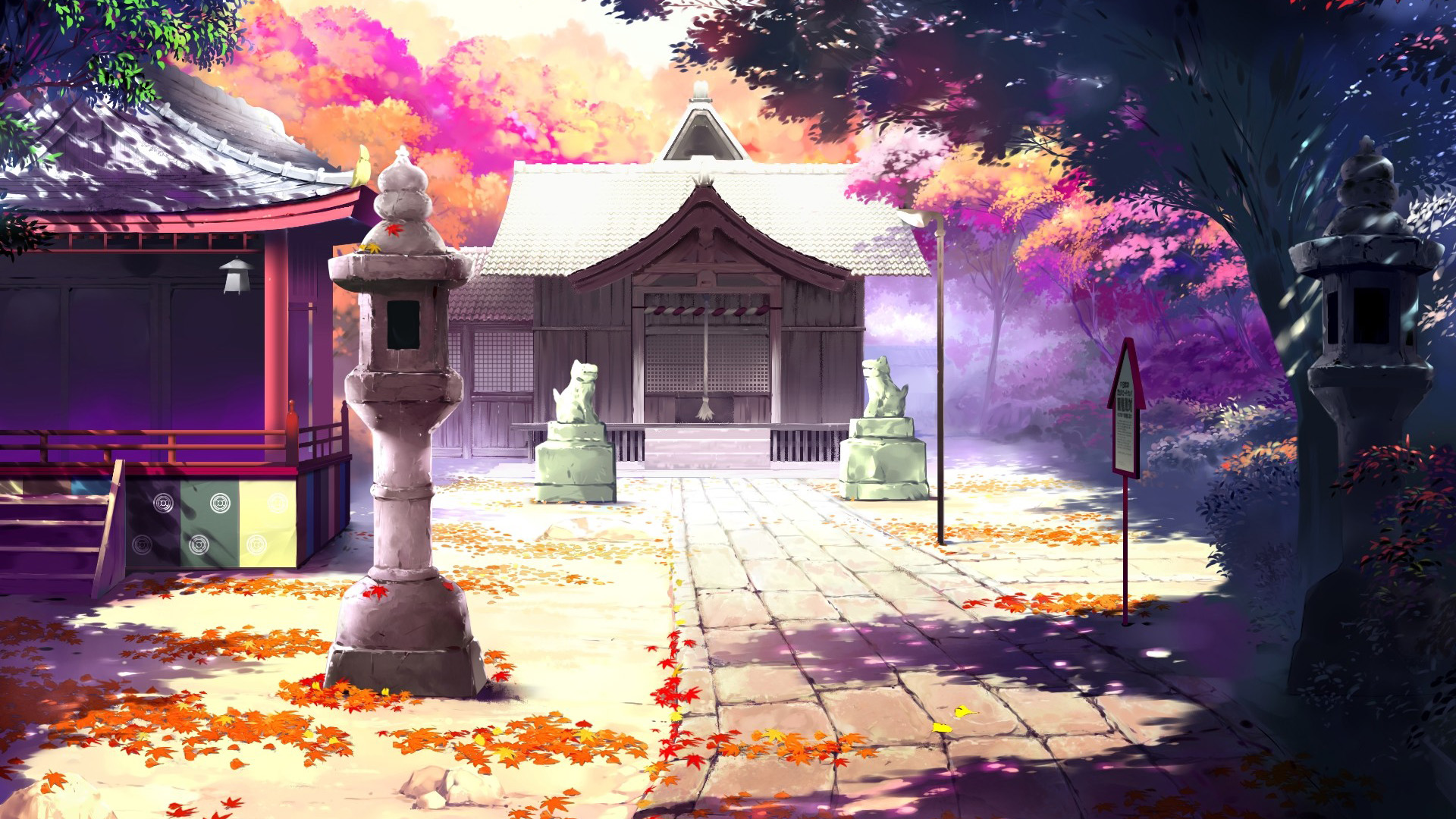 ['山间寺庙 庭院石像 秋景动漫壁纸']