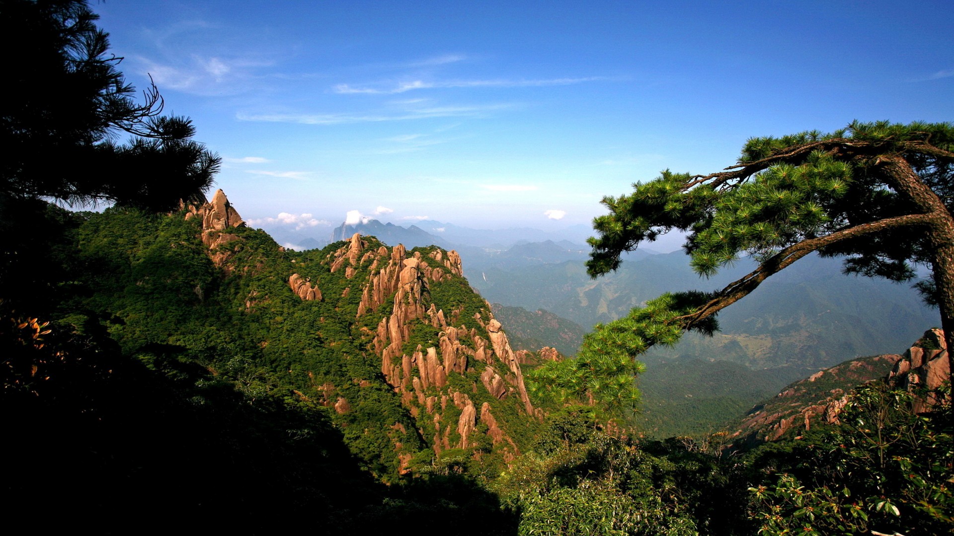 ['高山 岩石 山谷 太阳 树 枝条 天空 风景桌面壁纸']