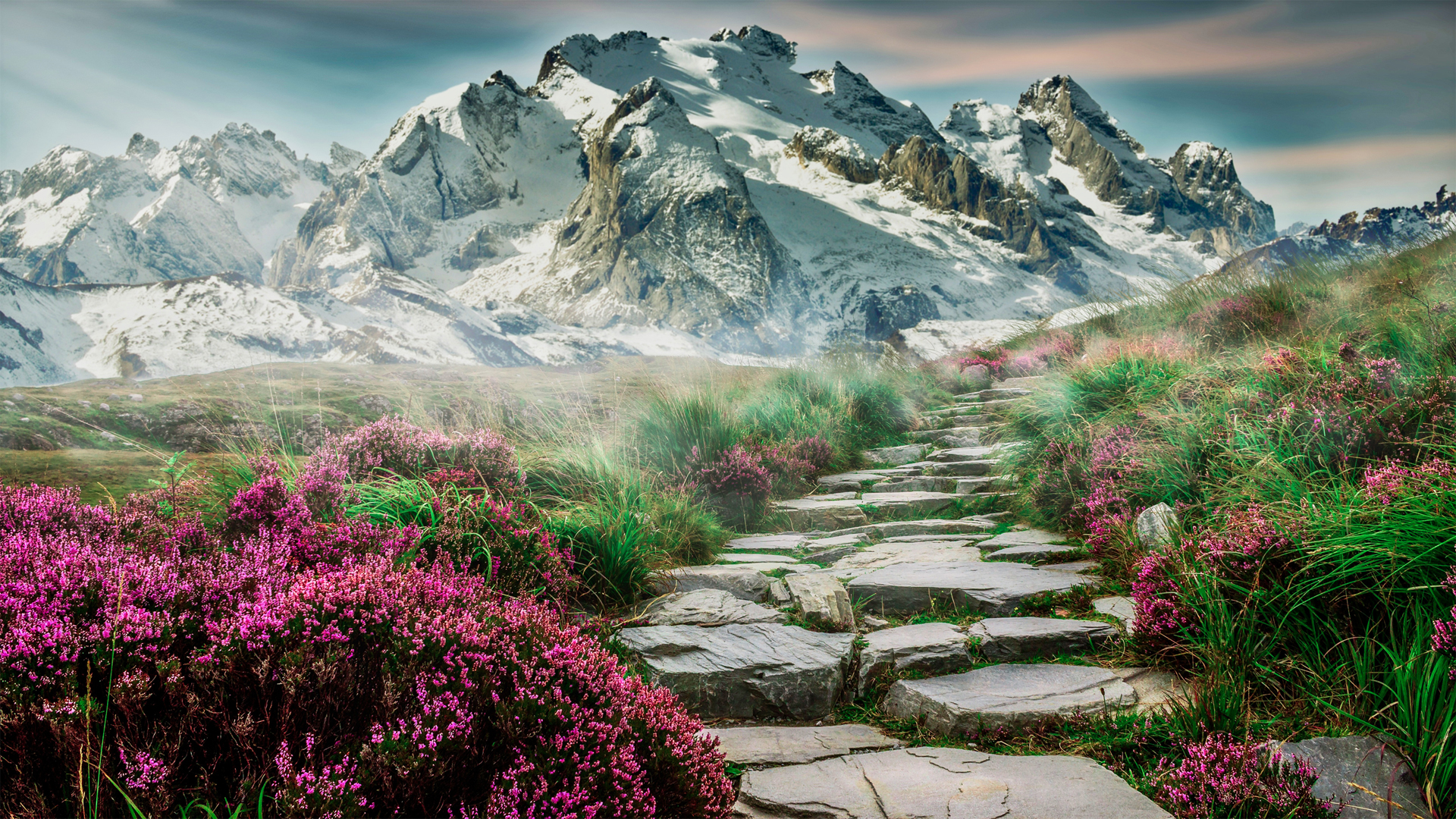 ['高清山脉 草地台阶 鲜花路自然风景壁纸摄影素材']