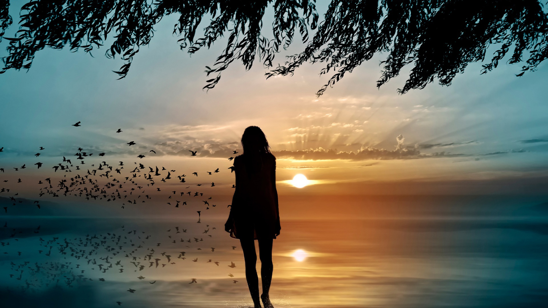 ['女孩剪影 夕阳 大海 唯美高清壁纸 摄影技巧']