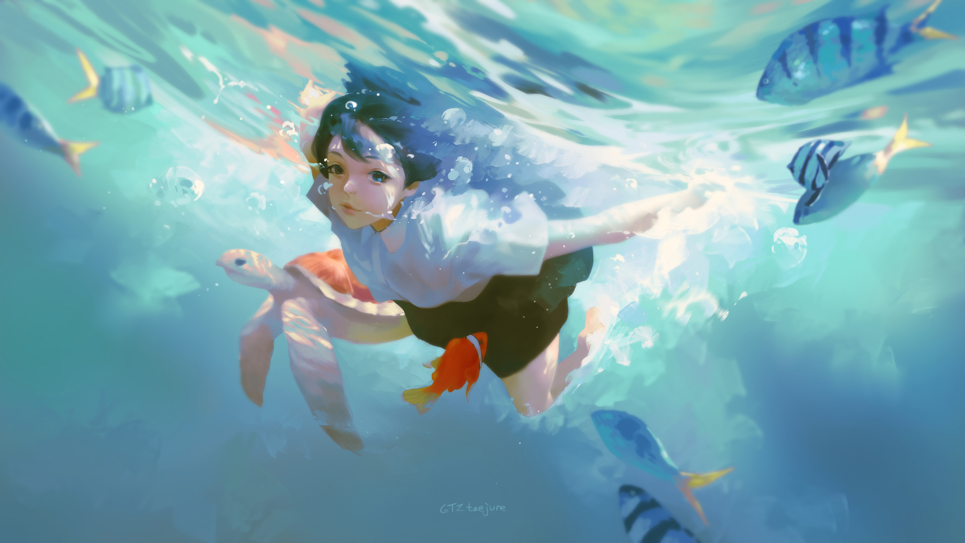 ['水下女孩 海龟 鱼 唯美意境 2K超清动漫壁纸']