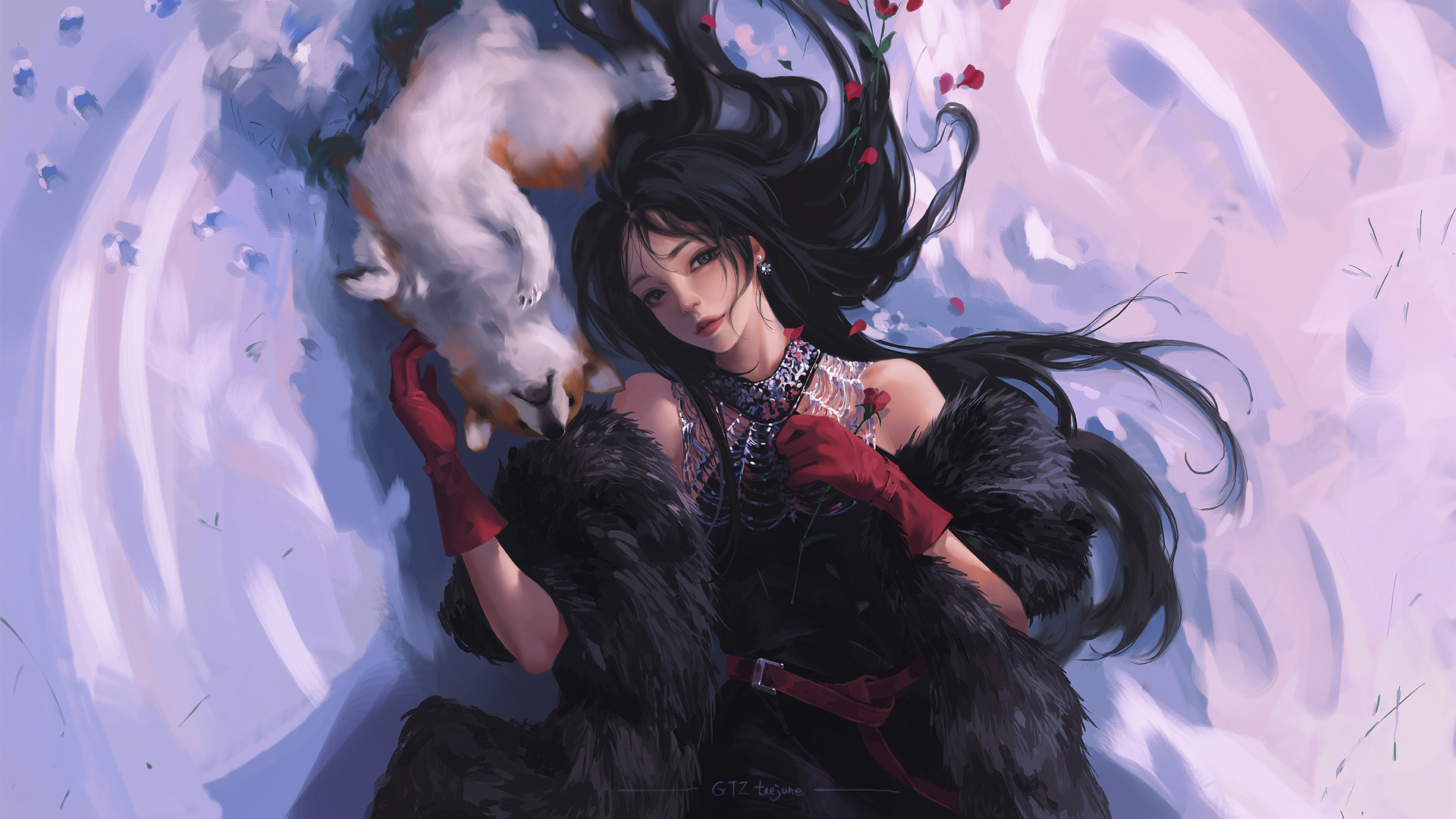 ['冬季雪地女子动漫壁纸 黑色皮草 红色手套 小狗高清']
